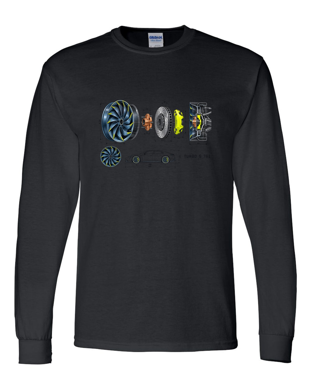 Porsche Taycan Turbo S 9J1 turbine wheel engineering schematic print with the text Turbo S 761 black long sleeve front view with the design