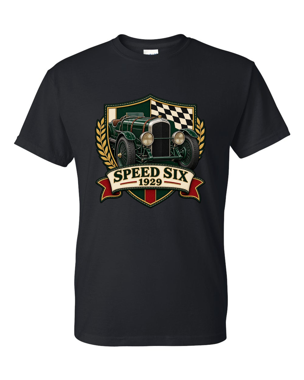 Varsity-style embroidered crest design for the 1929 Bentley Speed Six with SPEED SIX lettering black t-shirt front view with the design