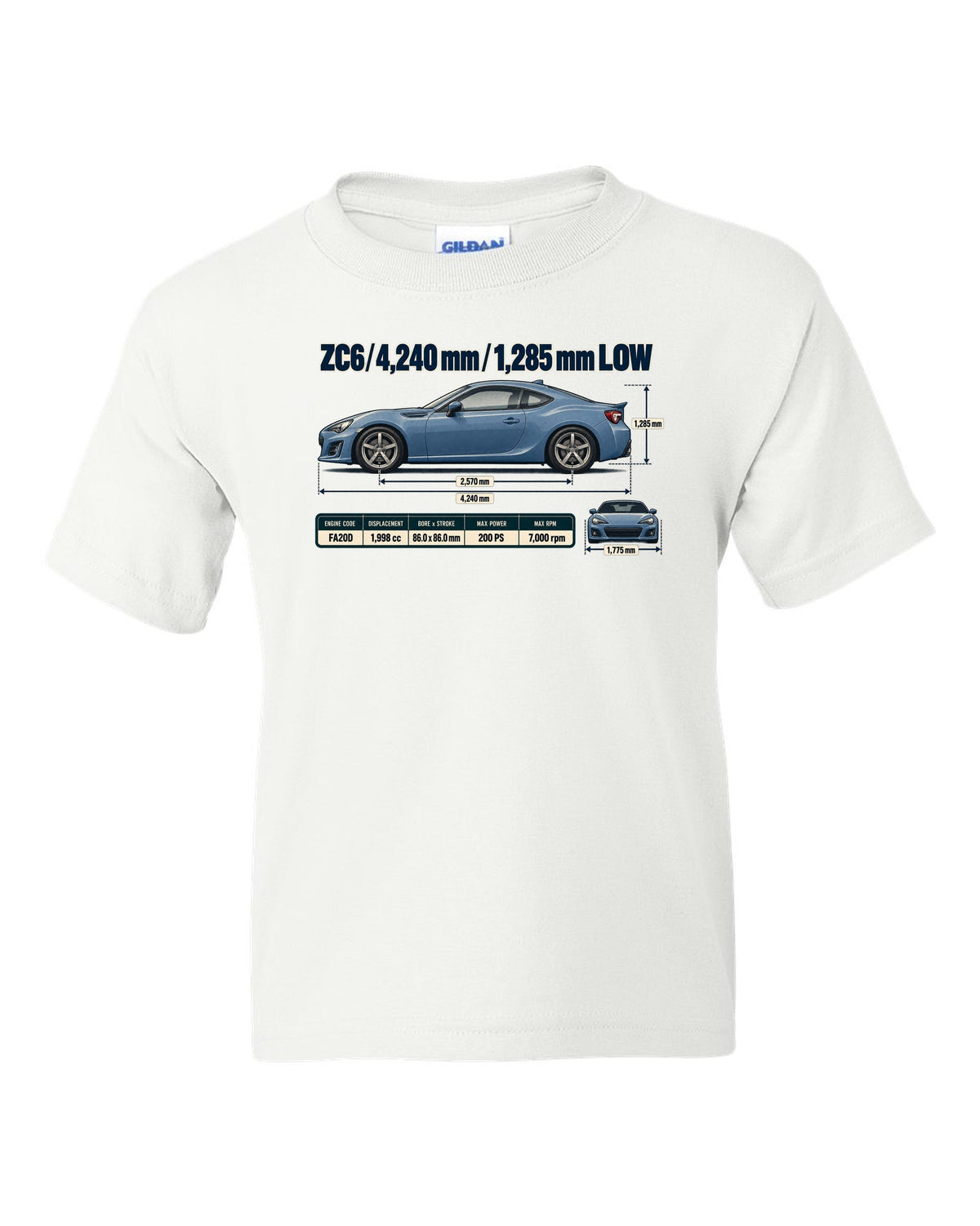 Blueprint-style dimension drawing of a Subaru BRZ ZC6 with length and height callouts white kids tee front view with the design