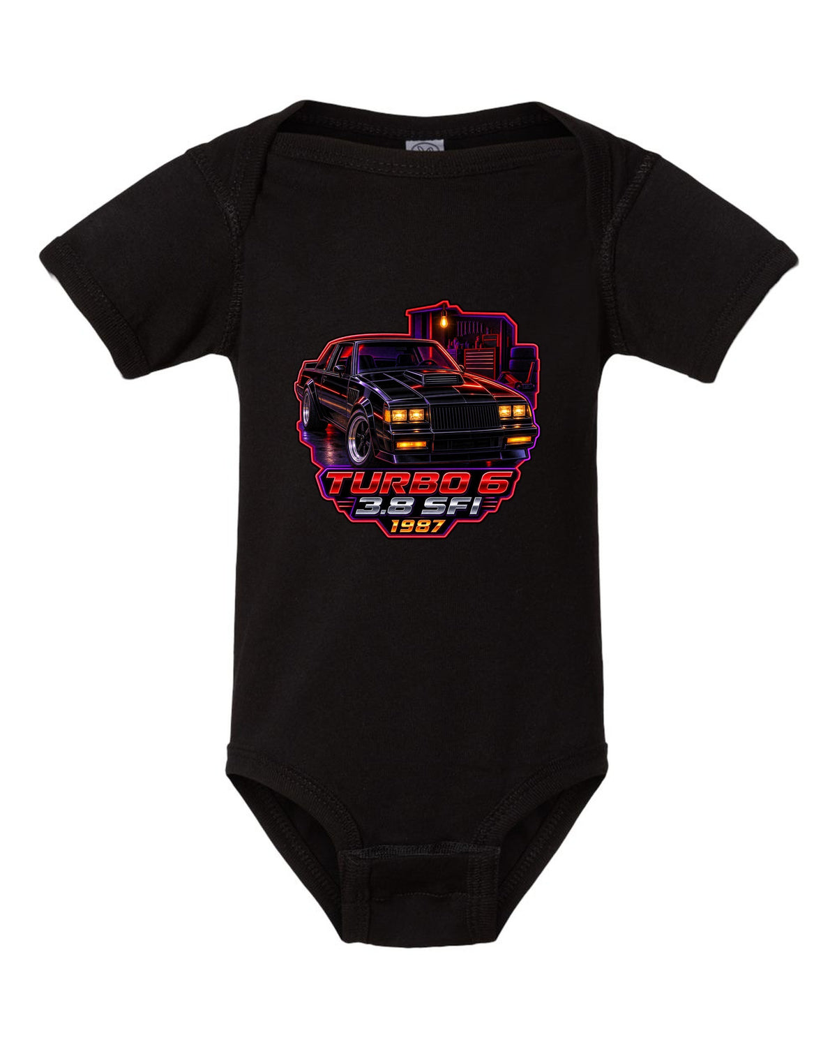 1987 Buick Regal turbo coupe in a neon-lit night garage black baby onesie front view with the design