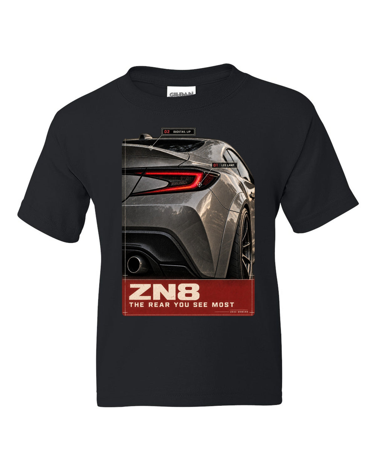 Macro poster-style print of the rear lamp on a Toyota GR86 ZN8 black kids tee front view with the design