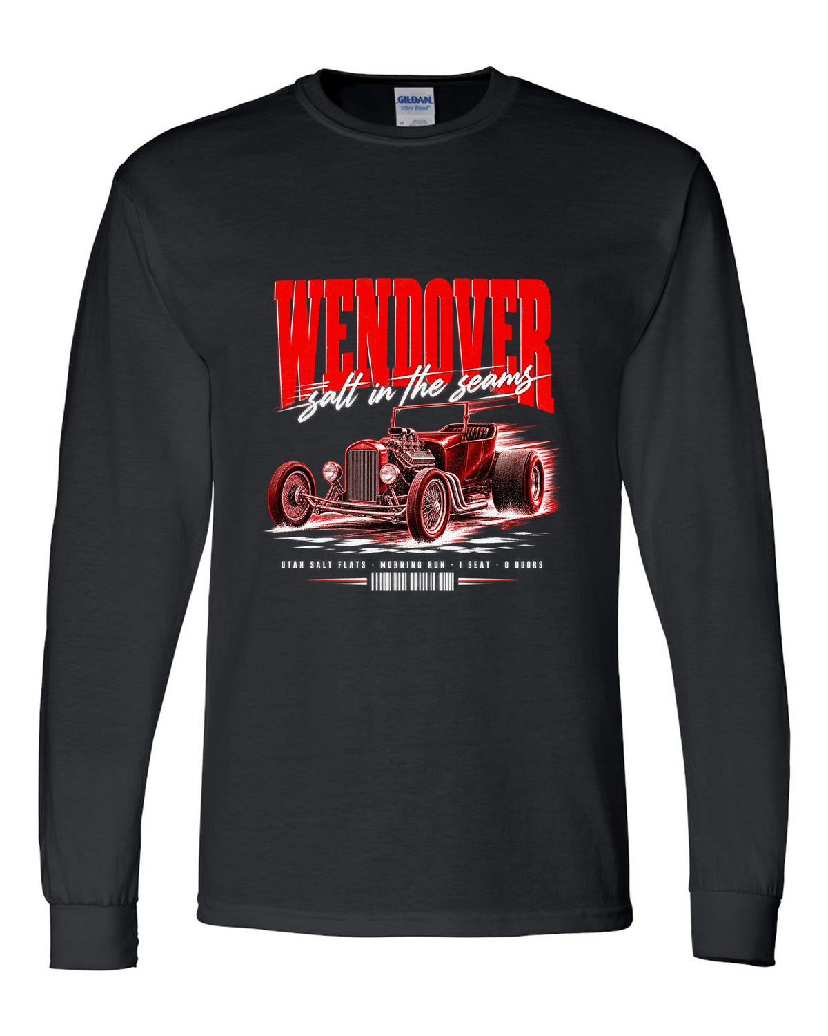 Street poster print of a T-bucket hot rod for Wendover and the Utah Salt Flats black long sleeve front view with the design