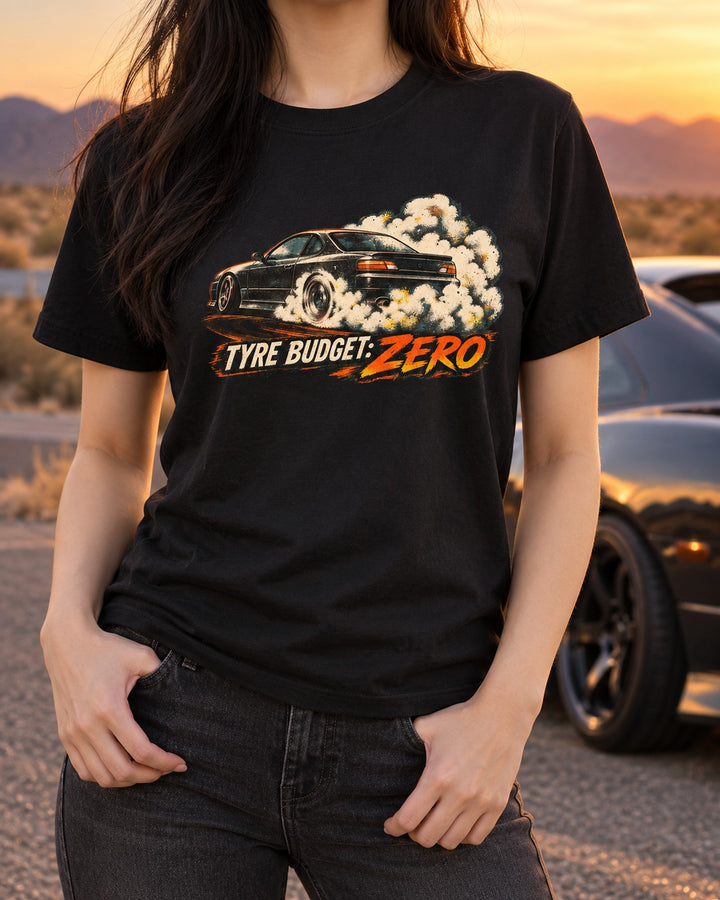Nissan Silvia S15 Tyre Budget Zero Distressed Print Tee T-Shirt Black worn hero