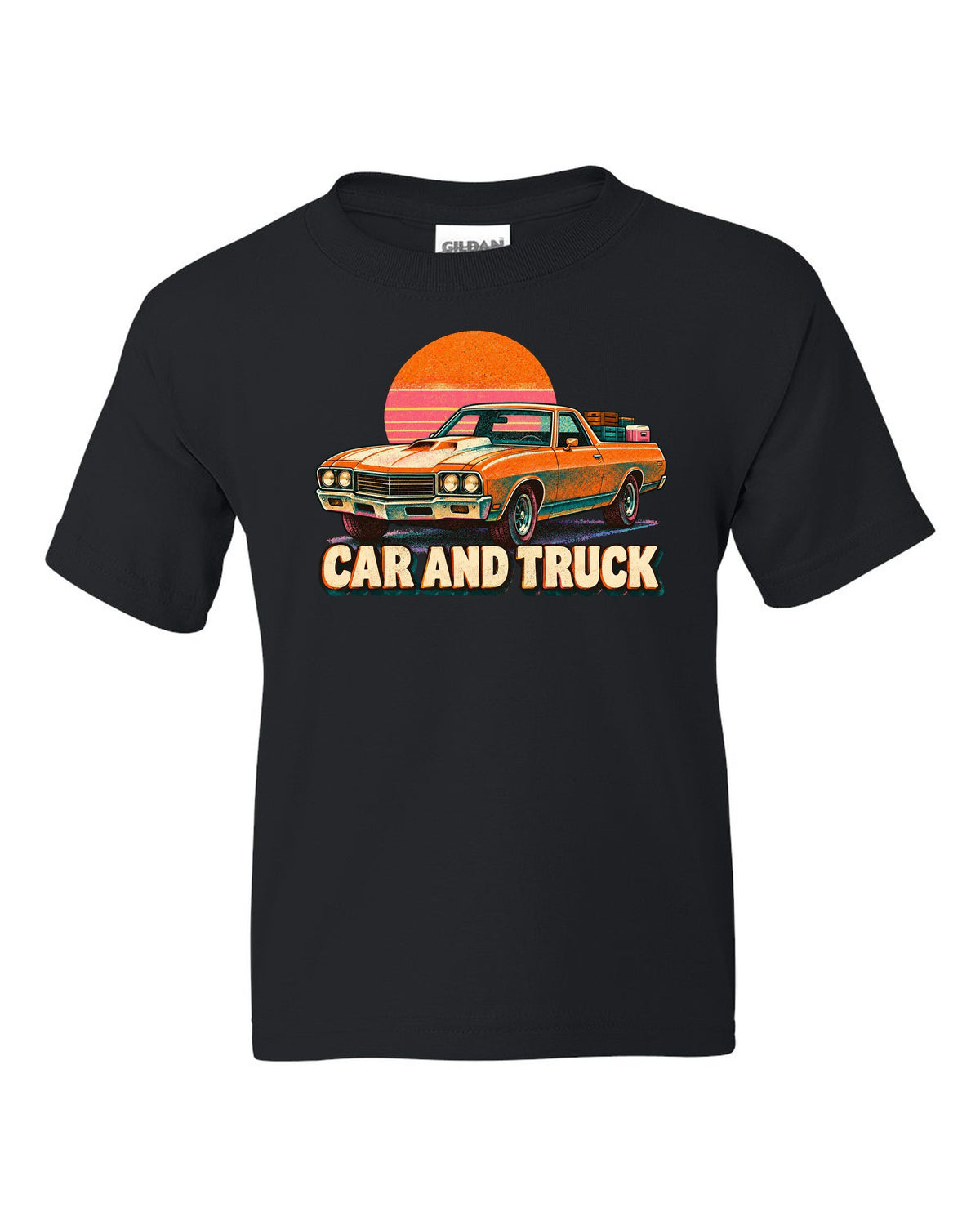 1970 Chevrolet El Camino SS 454 risograph spot-colour print reading Car and Truck black kids tee front view with the design