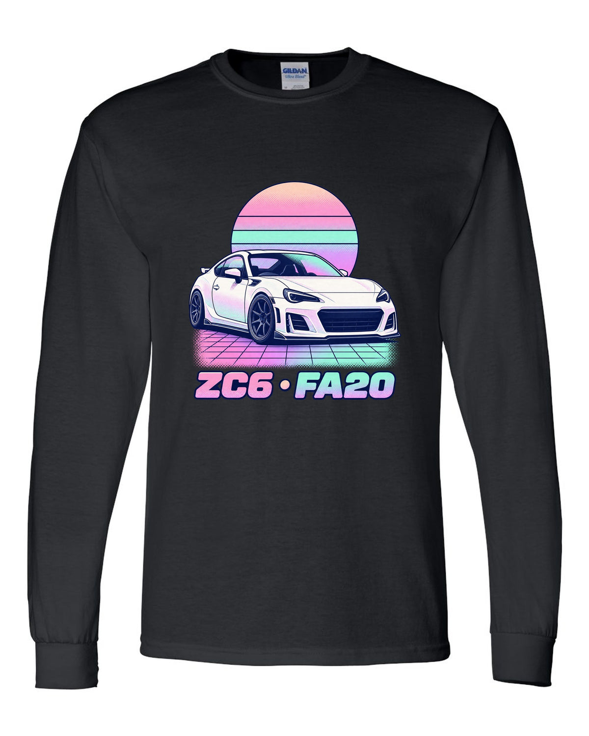 Subaru BRZ ZD8 round varsity crest print, ZD8 / FA24 / 2022 black long sleeve front view with the design