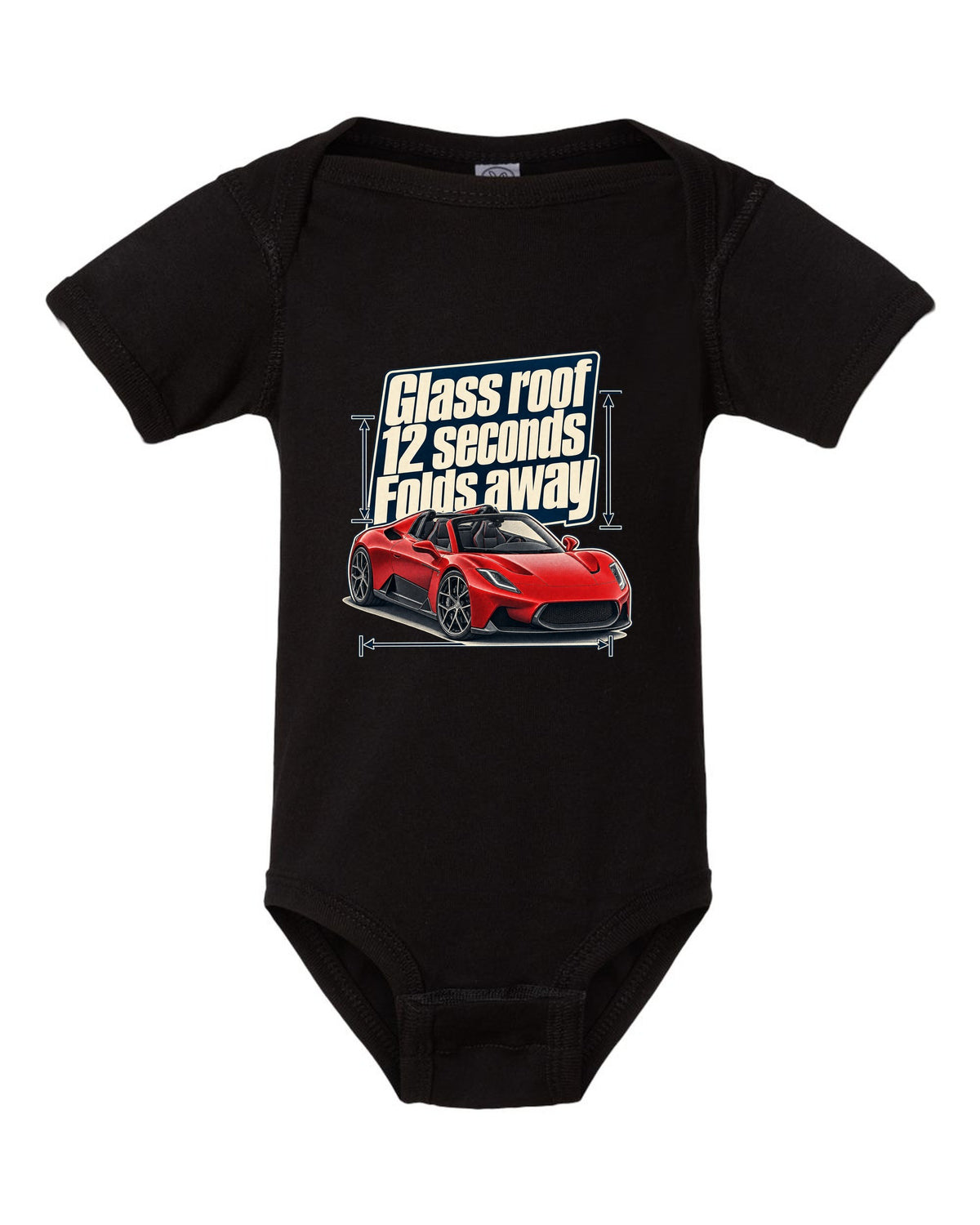 Maserati MC20 Cielo editorial headline print on a shirt black baby onesie front view with the design