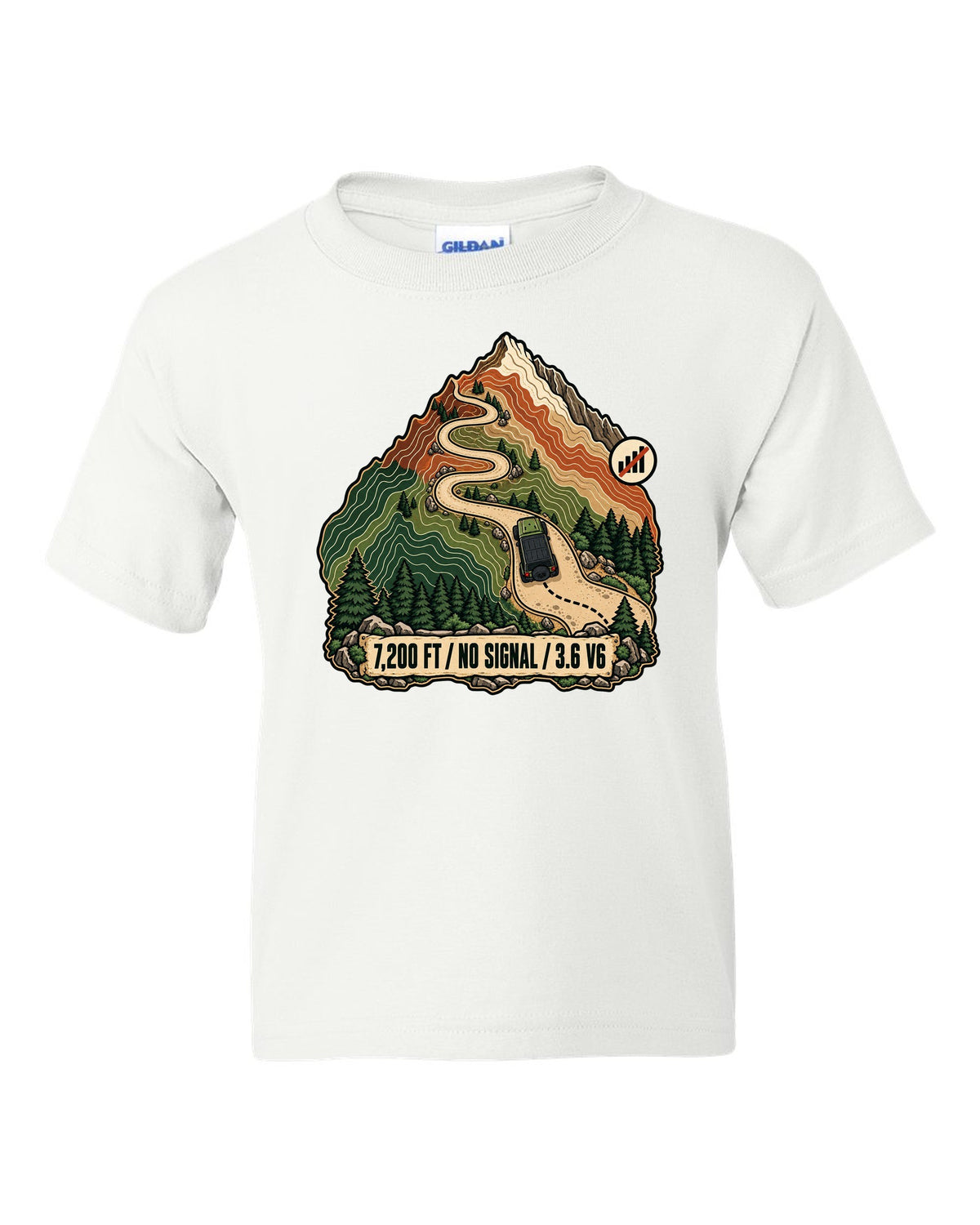 Topographic route map illustration of mountain switchbacks for a Jeep Wrangler JK with 7,200 FT NO SIGNAL 3.6 V6 lettering white kids tee front view with the design