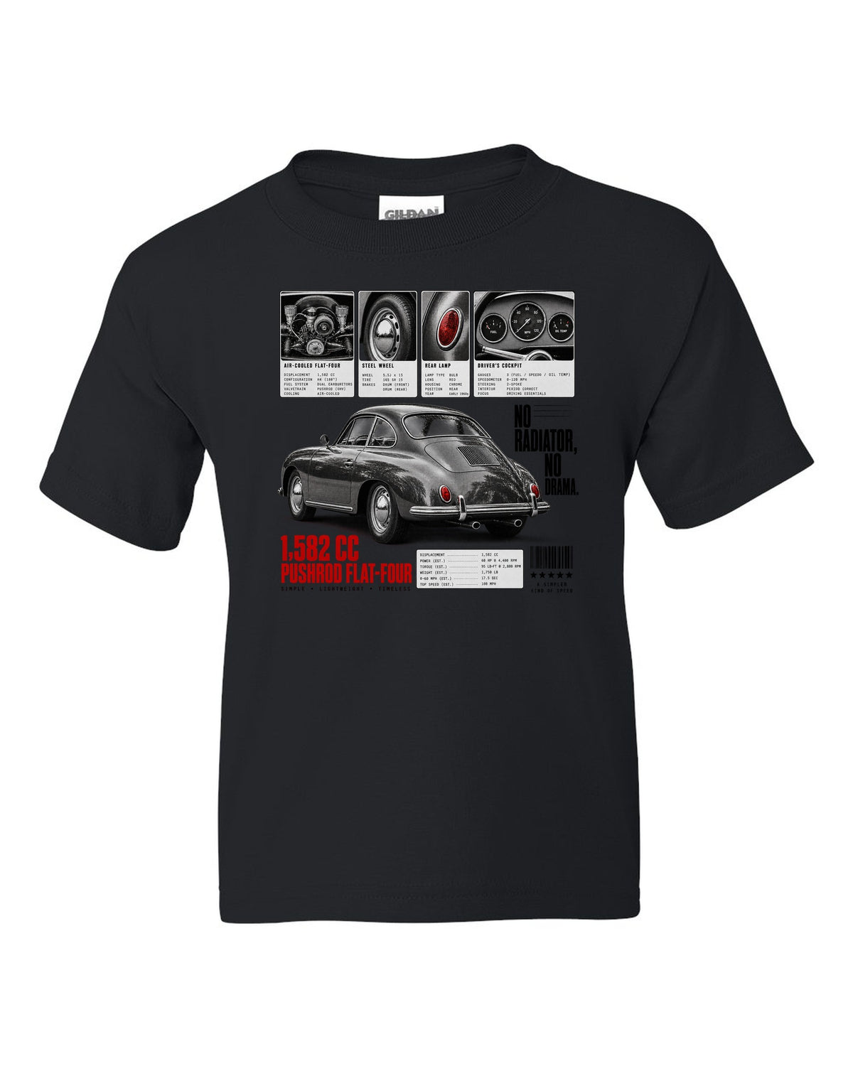 Dossier panel print of a Porsche 356 B coupe with 1,582 cc flat-four and no radiator text black kids tee front view with the design