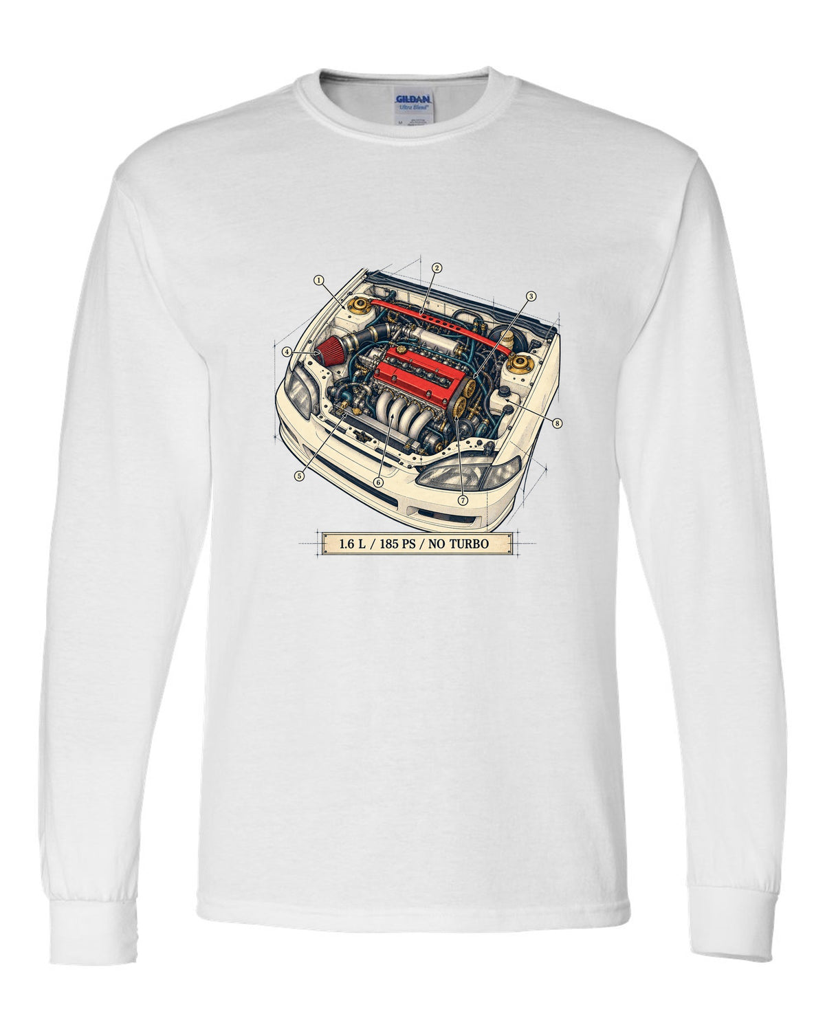 Patent drawing line art of the Honda Civic Type R EK9 with B16B spec text white long sleeve front view with the design
