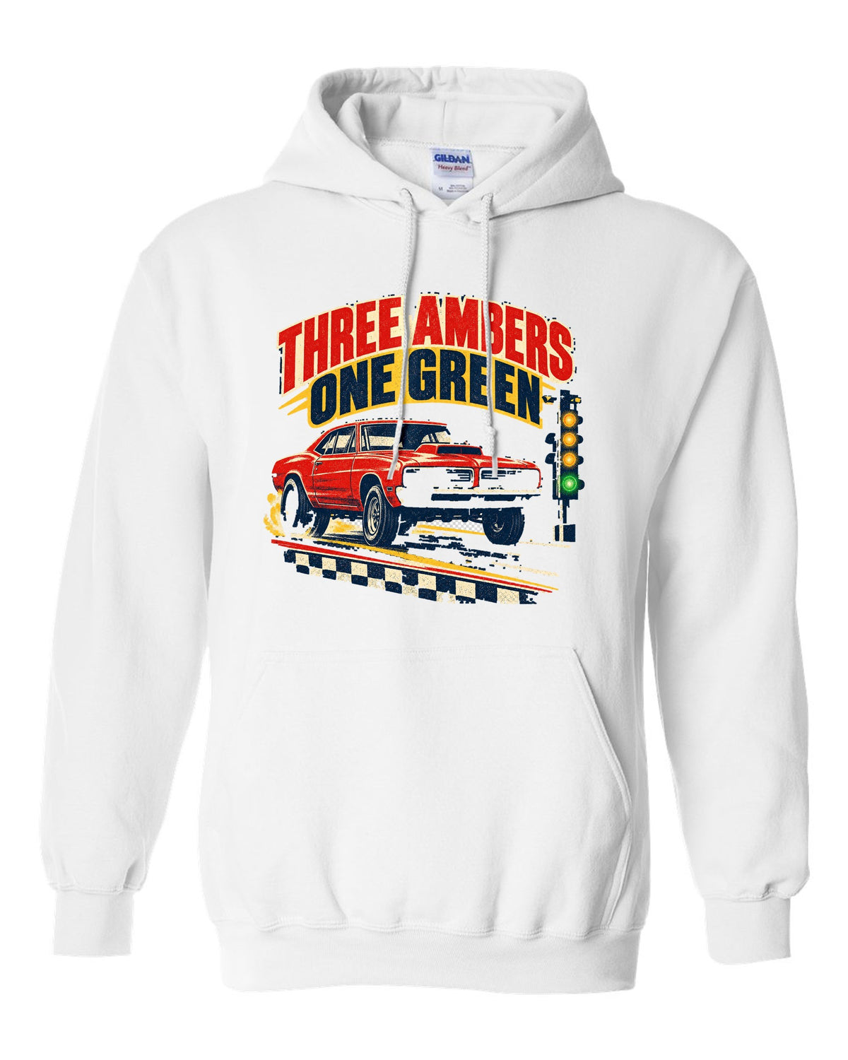 Vintage drag-race poster of a 1969 Plymouth Road Runner with the Christmas tree lights white pull over hoodie front view with the design