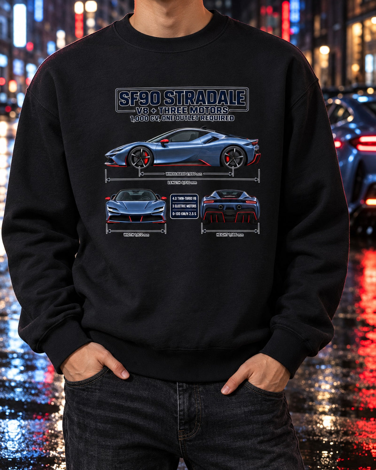 Ferrari SF90 Stradale Three-View Spec Sheet Tee Crewneck Black worn hero