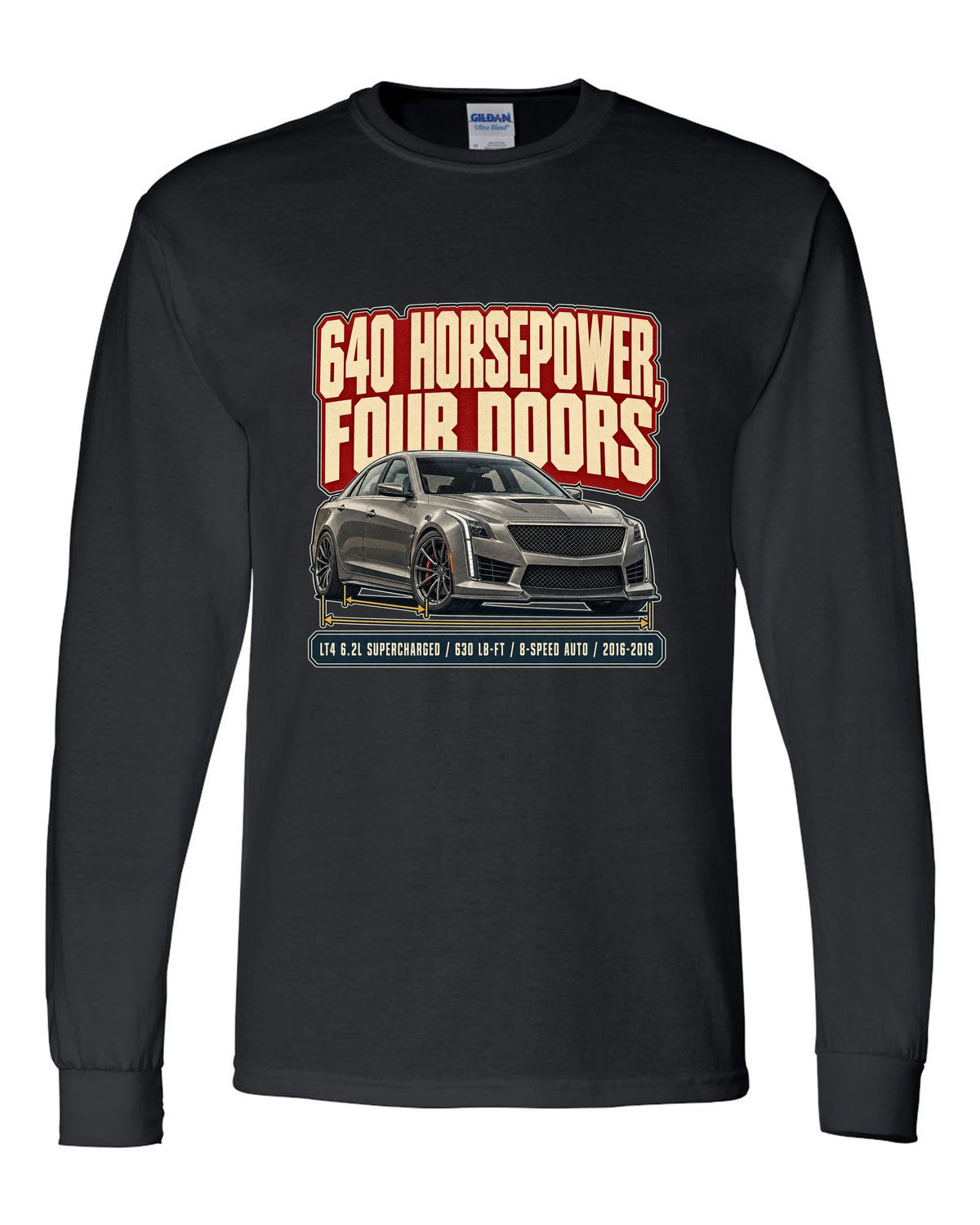 Editorial headline print for a 2016-19 third generation Cadillac CTS-V black long sleeve front view with the design