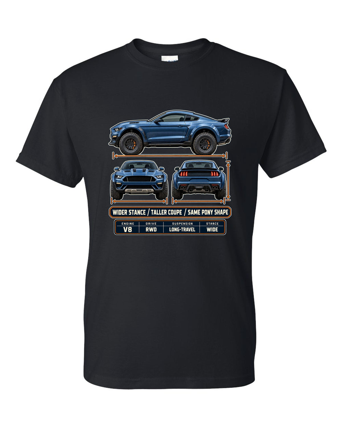 print of a Mustang Raptor concept three-view drawing with spec table and pony shape text black t-shirt front view with the design