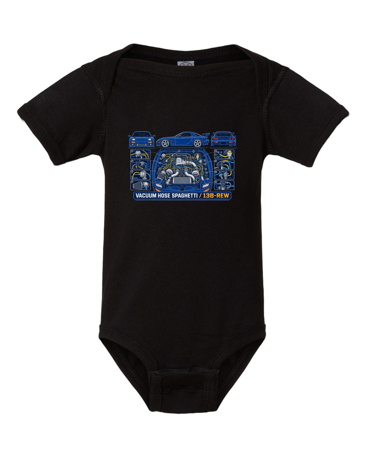 Patent drawing schematic print of a Mazda RX-7 FD3S 13B-REW with text Vacuum Hose Spaghetti black baby onesie front view with the design