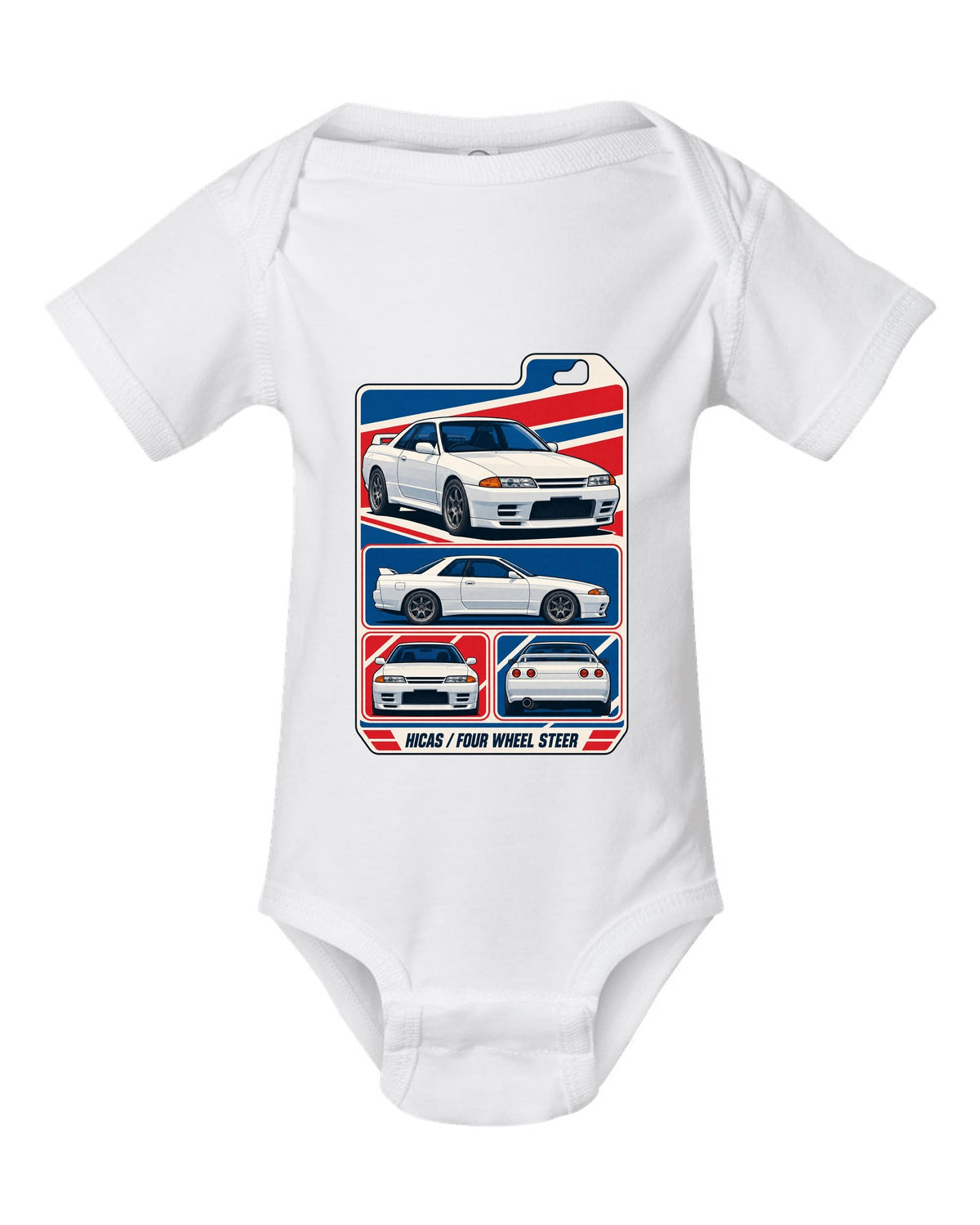 Varsity shield crest print for the Nissan Skyline GT-R R34 reading Allegedly 280 PS, Sure white baby onesie front view with the design