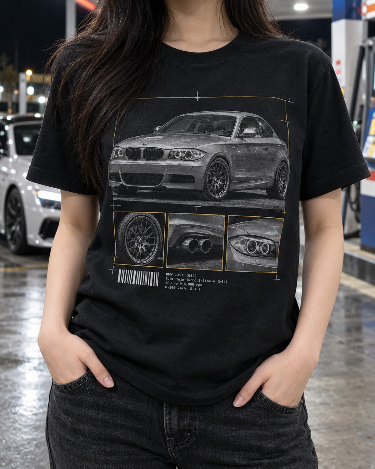 E82 BMW 135i Dossier Panels Shirt, N54 Owner Gift T-Shirt Black worn hero