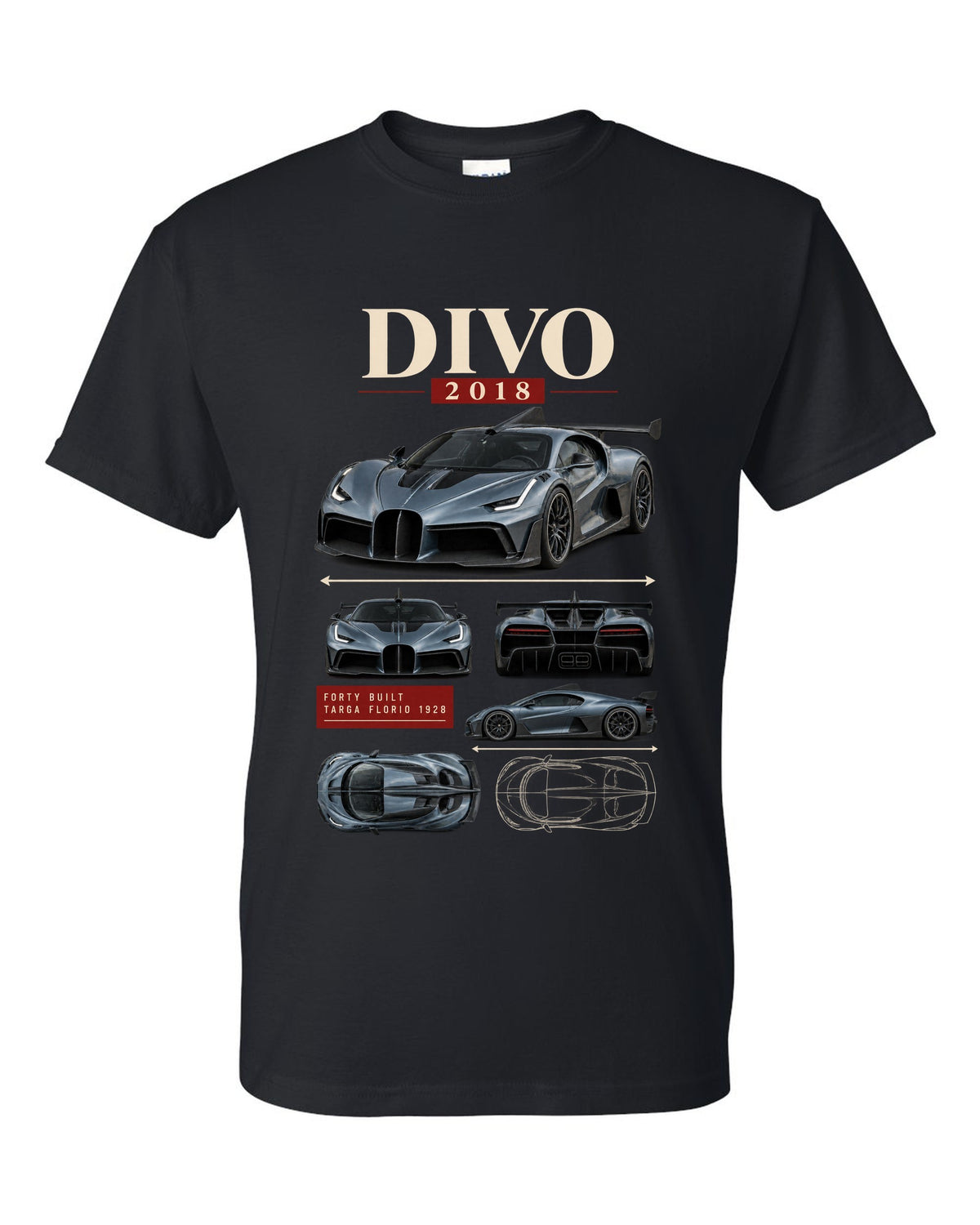 Archive panel design of the Bugatti Divo 2018 with Targa Florio 1928 text, print black t-shirt front view with the design