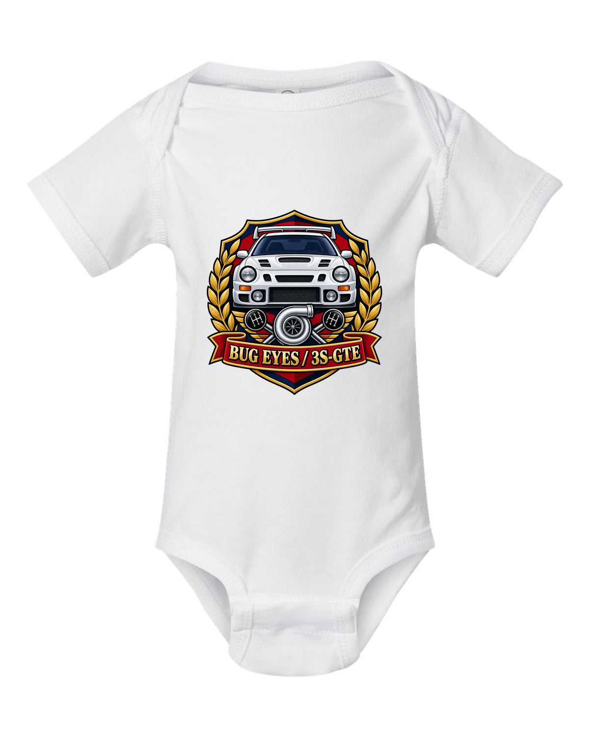 Rally crest of a Toyota Celica GT-Four ST205 with Bug Eyes and 3S-GTE lettering white baby onesie front view with the design