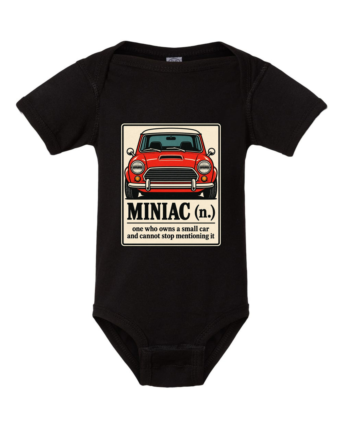 Dictionary definition card for Miniac on a Mini Cooper S R53 shirt black baby onesie front view with the design