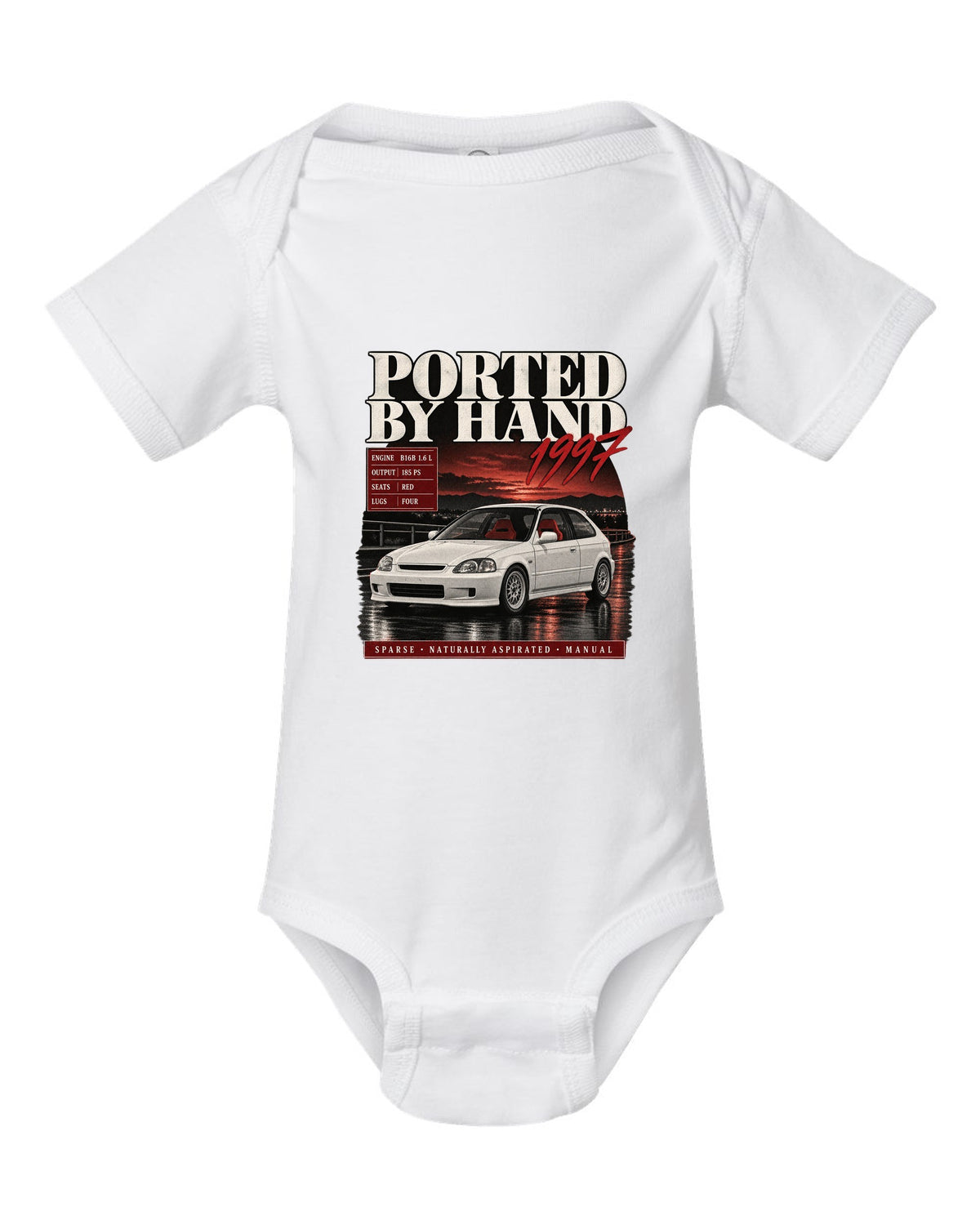 Archive panel print of a 1997 Honda Civic EK9 chback with hand-ported text white baby onesie front view with the design