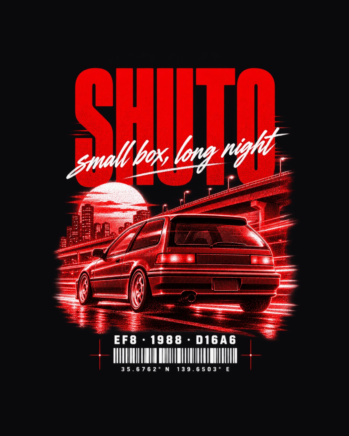 Honda CRX EF8 Si Shuto Night Street Poster Tee, D16A6 design only