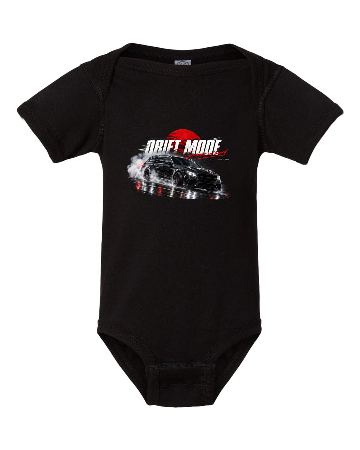 print night drift scene of a 2018 Mercedes E63 S AMG Estate S213 with text Drift Mode groceries on board black baby onesie front view with the design