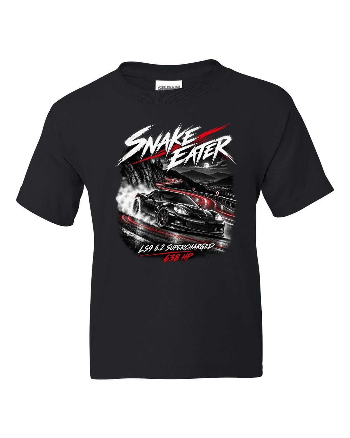 Corvette C6 ZR1 supercharged on a night mountain road black kids tee front view with the design