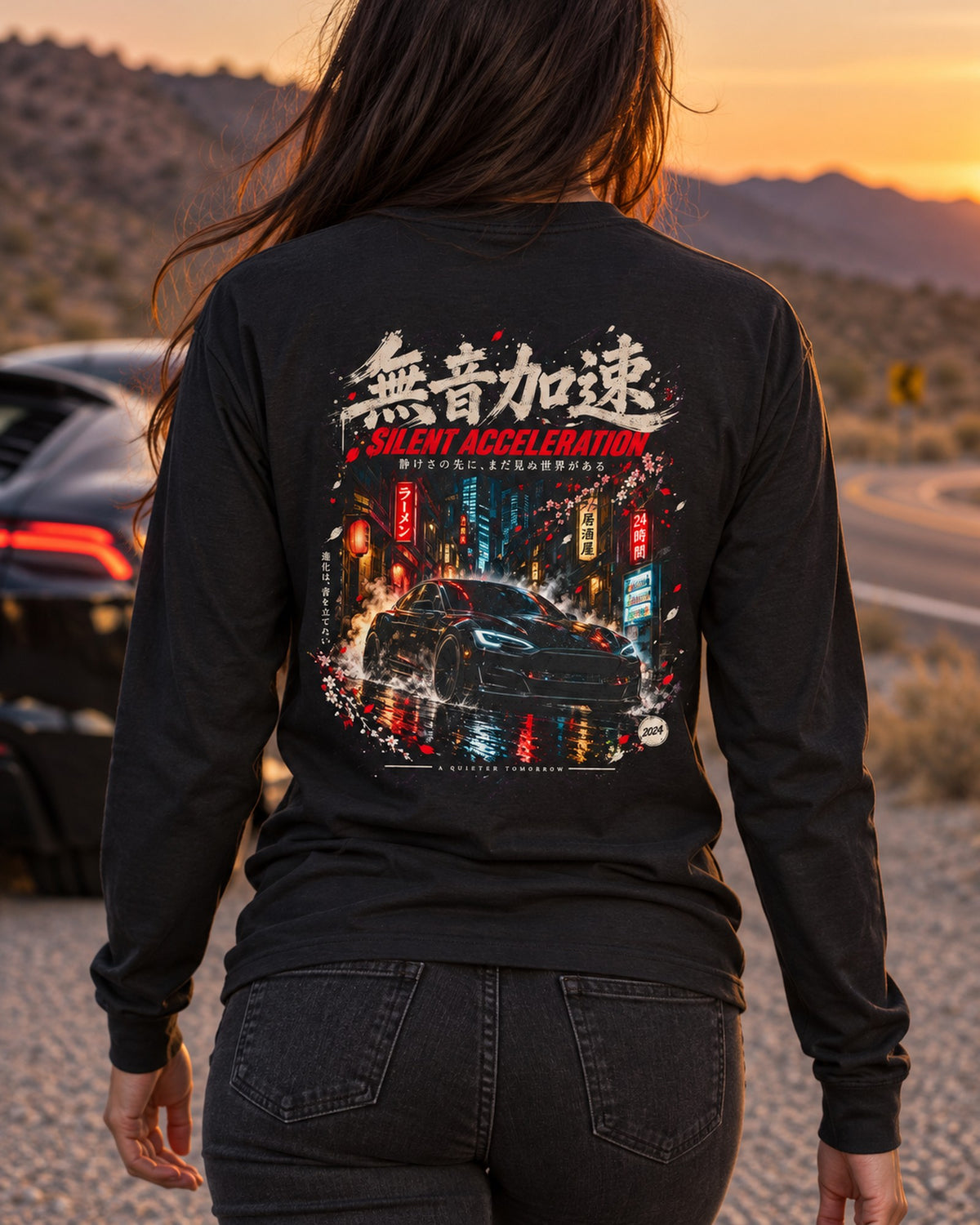 Tesla Model S Plaid Silent Acceleration Shirt, Hoodie & More Long Sleeve Black worn hero