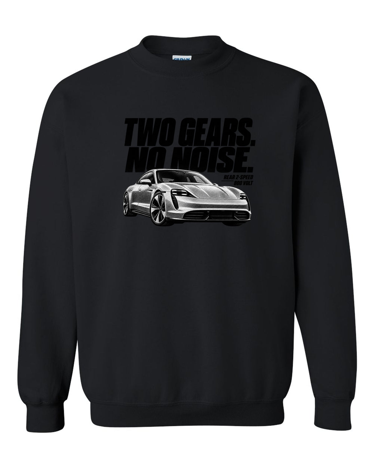 Halftone Porsche Taycan Turbo S 9J1 front three-quarter with two gears, no noise, rear 2-speed black crewneck front view with the design