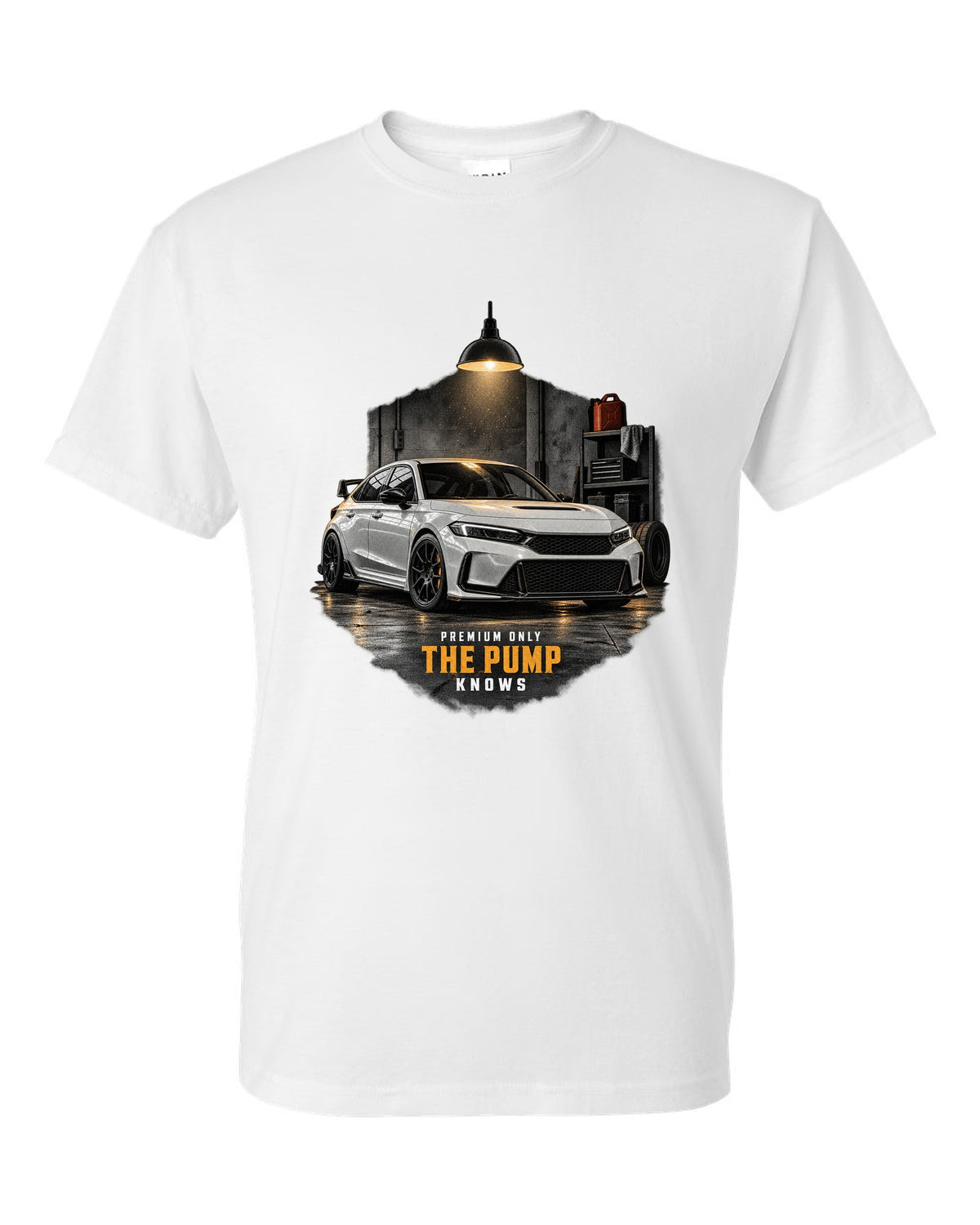 Honda Civic FL5 chback garage night design with premium only 98 octane text white t-shirt front view with the design