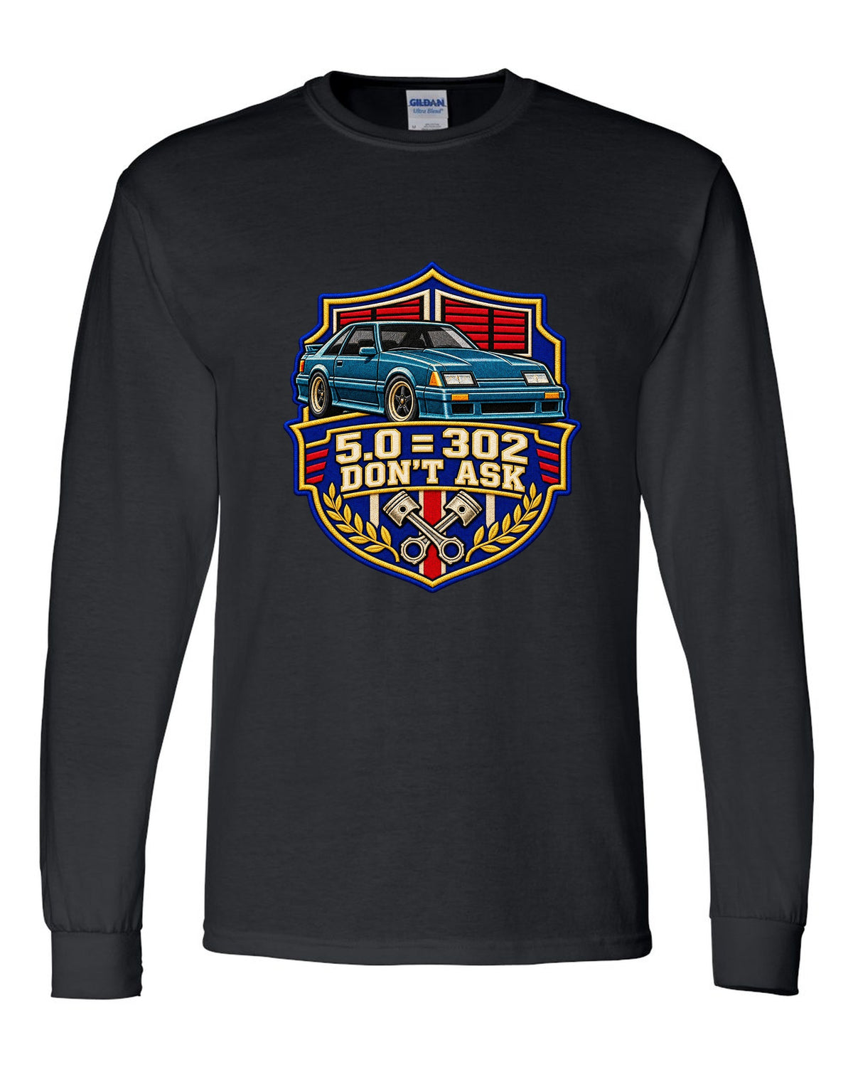 Embroidery-style varsity drag crest print for a Ford Mustang Fox Body chback black long sleeve front view with the design