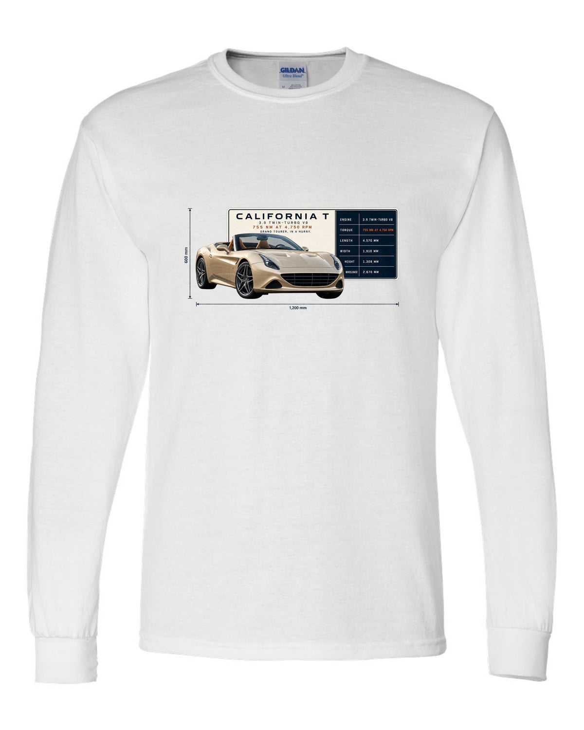Spec poster print of the Ferrari California T in champagne tones white long sleeve front view with the design