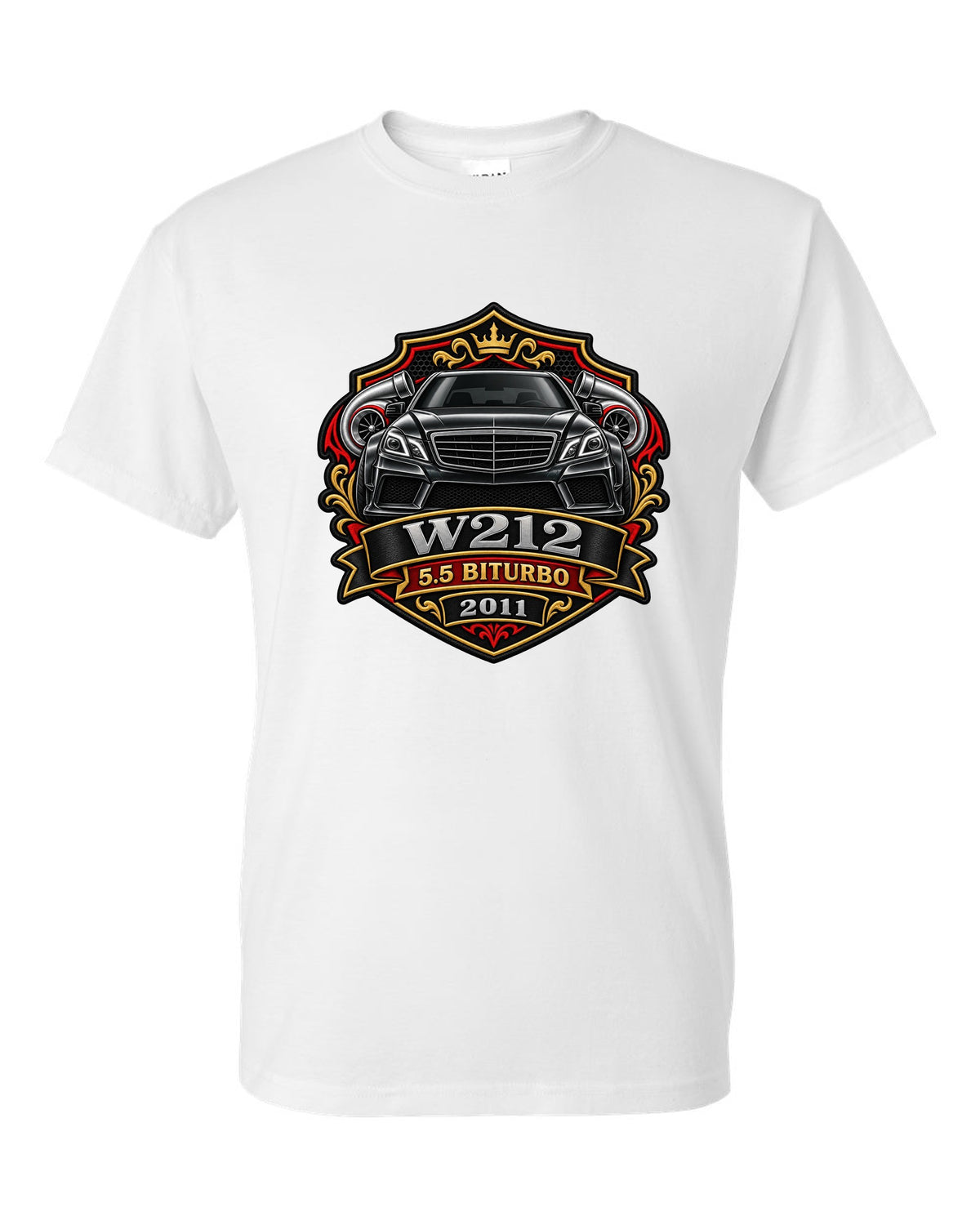 Varsity crest graphic reading W212 5.5 Biturbo 2011 for the Mercedes E63 W212, print white t-shirt front view with the design