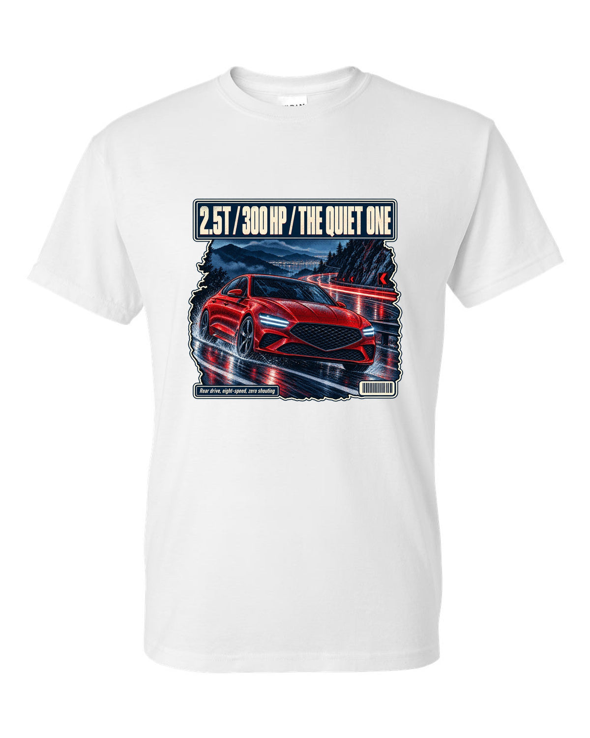 Night touge print of the Genesis G70 with 2.5T 300 HP lettering white t-shirt front view with the design