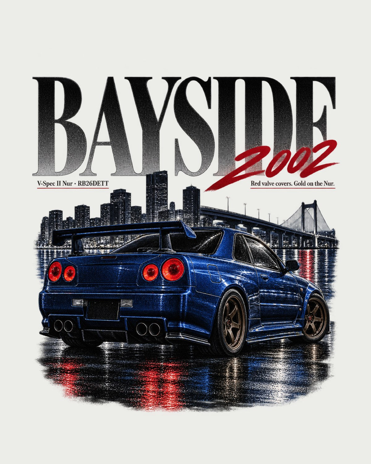 Nissan Skyline GT-R R34 V-Spec II Nur Bayside Editorial Tee design only