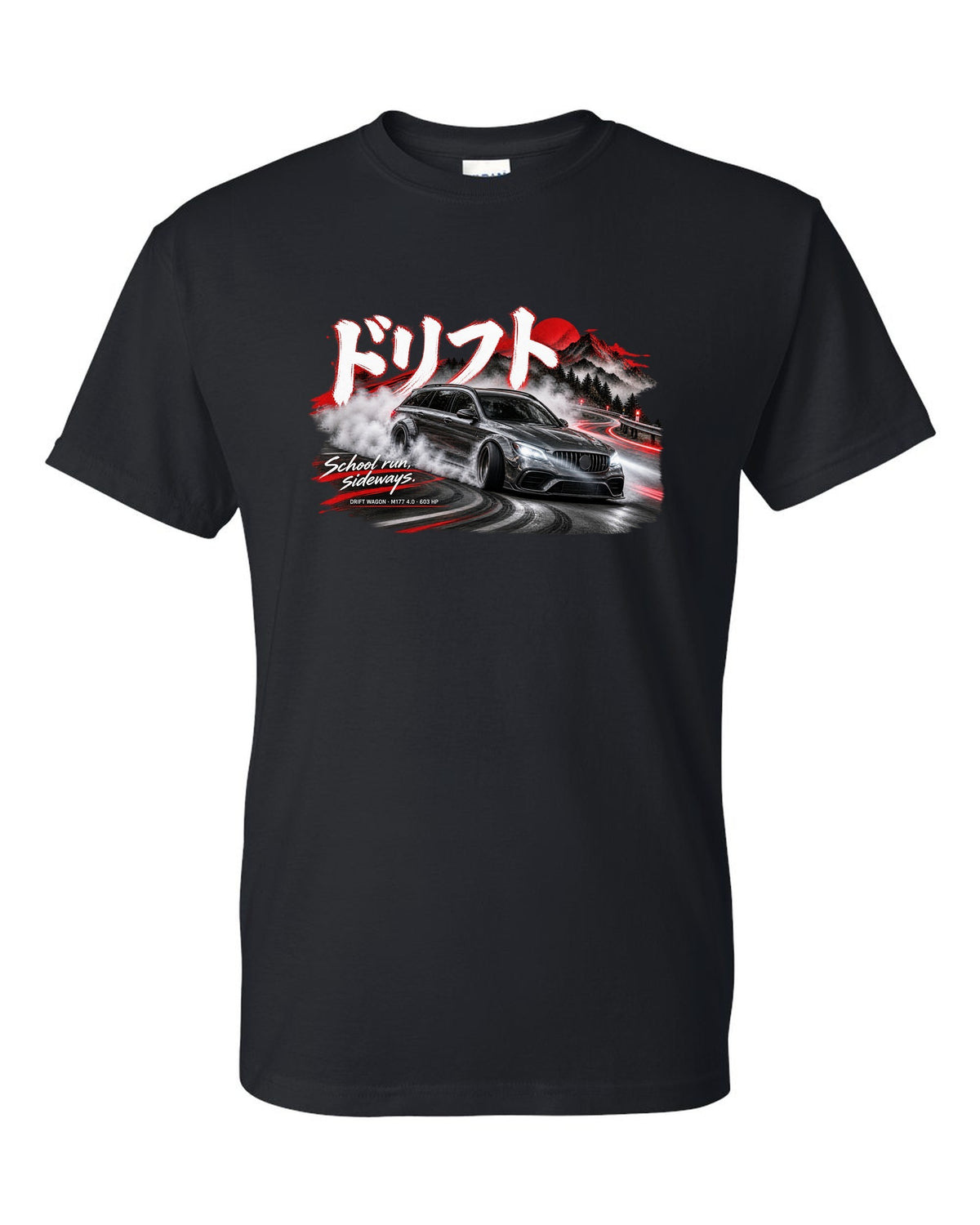 print touge drift night of a Mercedes W213 E63 S wagon with Japanese drift text and School Run Sideways black t-shirt front view with the design