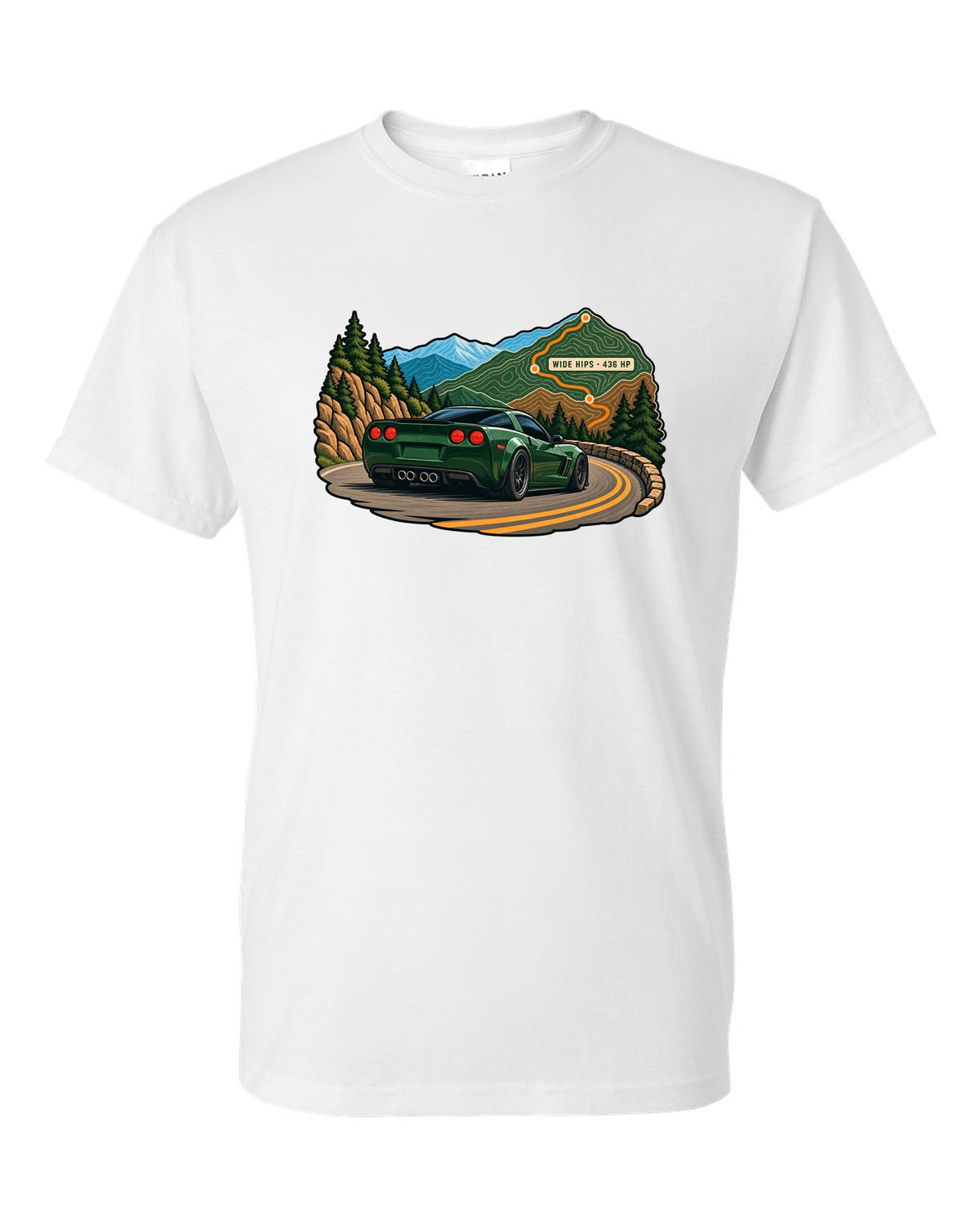 Topographic contour map print of a 2010 Chevrolet Corvette C6 Grand Sport with Wide Hips 436 HP text white t-shirt front view with the design