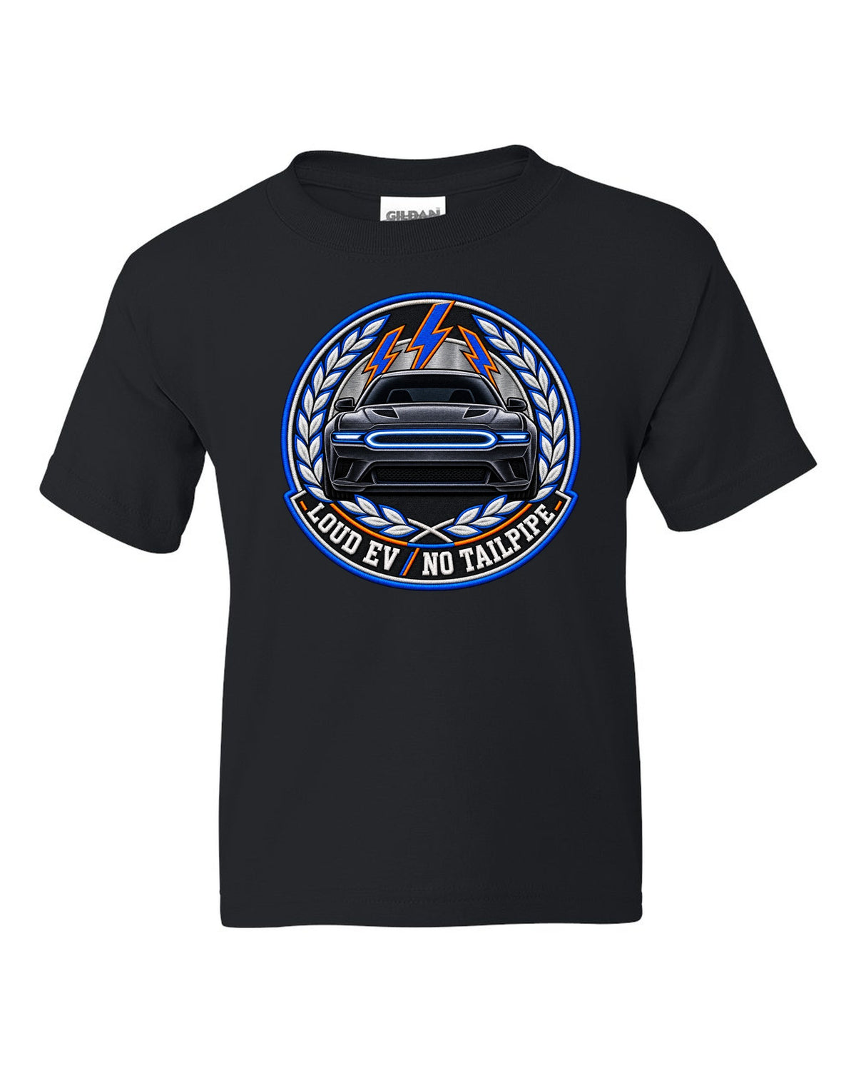 Embroidery-style varsity crest for the 2024 Dodge Charger Daytona EV with loud EV no tailpipe text black kids tee front view with the design