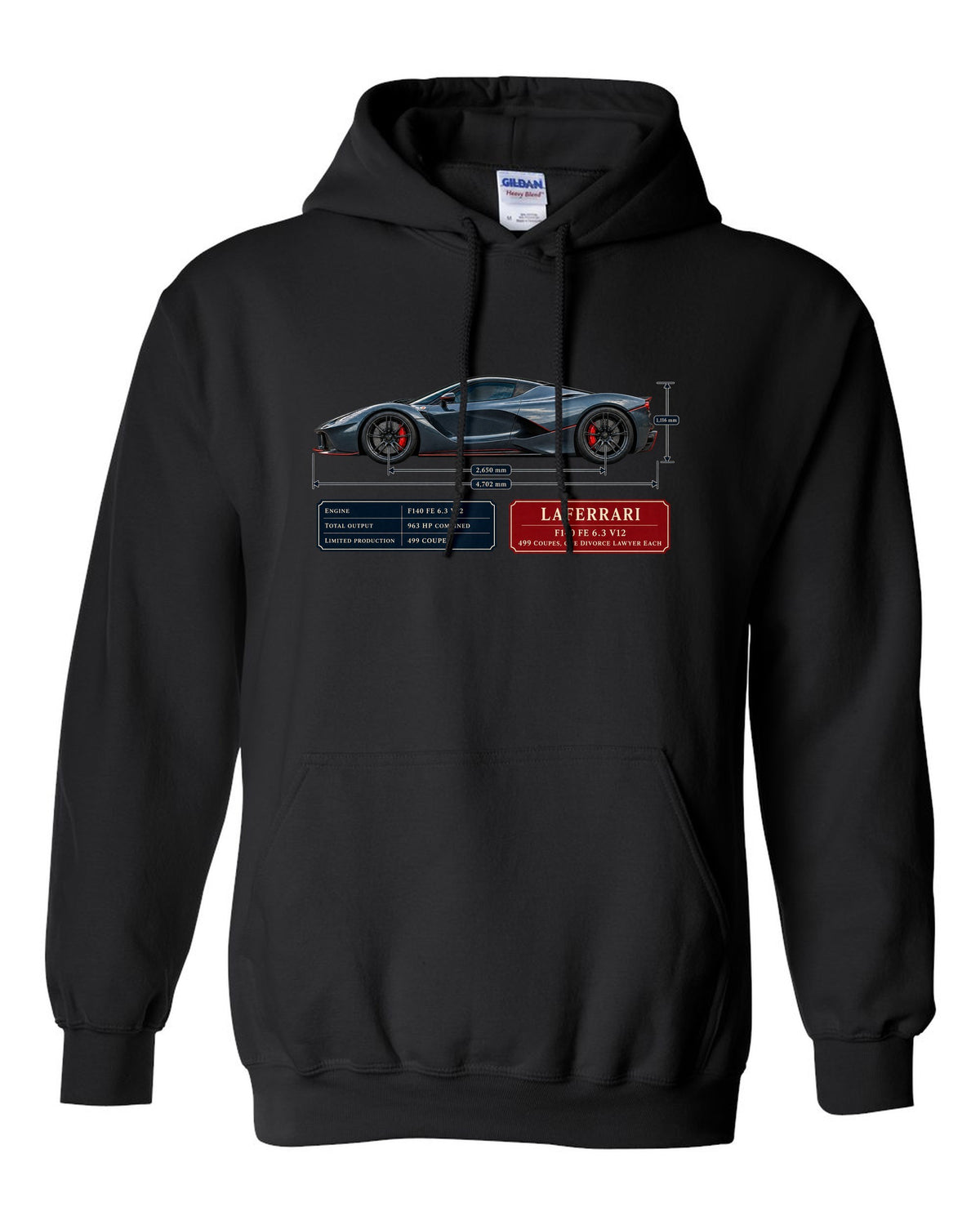 Ferrari LaFerrari dimension blueprint print with F140 FE 6.3 V12 text black pull over hoodie front view with the design