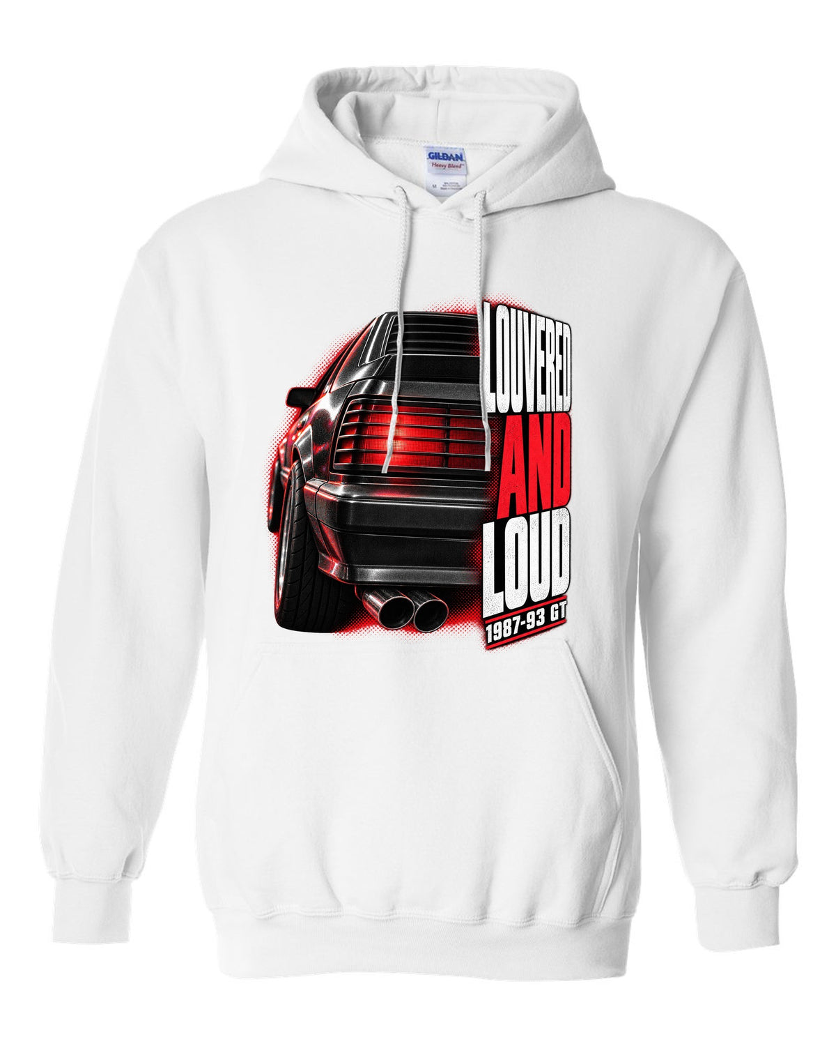 Macro print of a Ford Mustang Fox Body GT louvered taillight, 1987-93 white pull over hoodie front view with the design