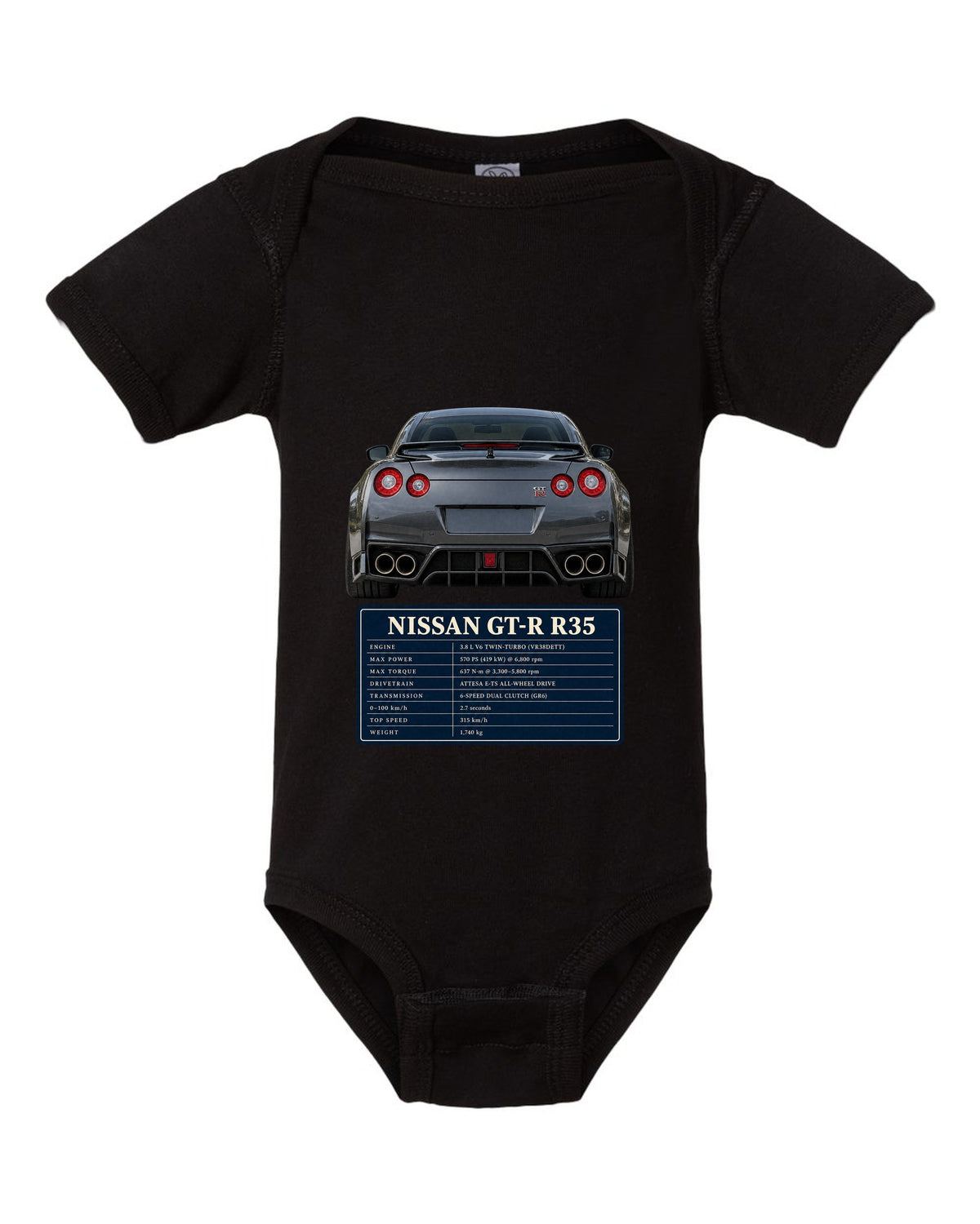 Close crop of Nissan GT-R R35 2014 Premium round taillights black baby onesie front view with the design