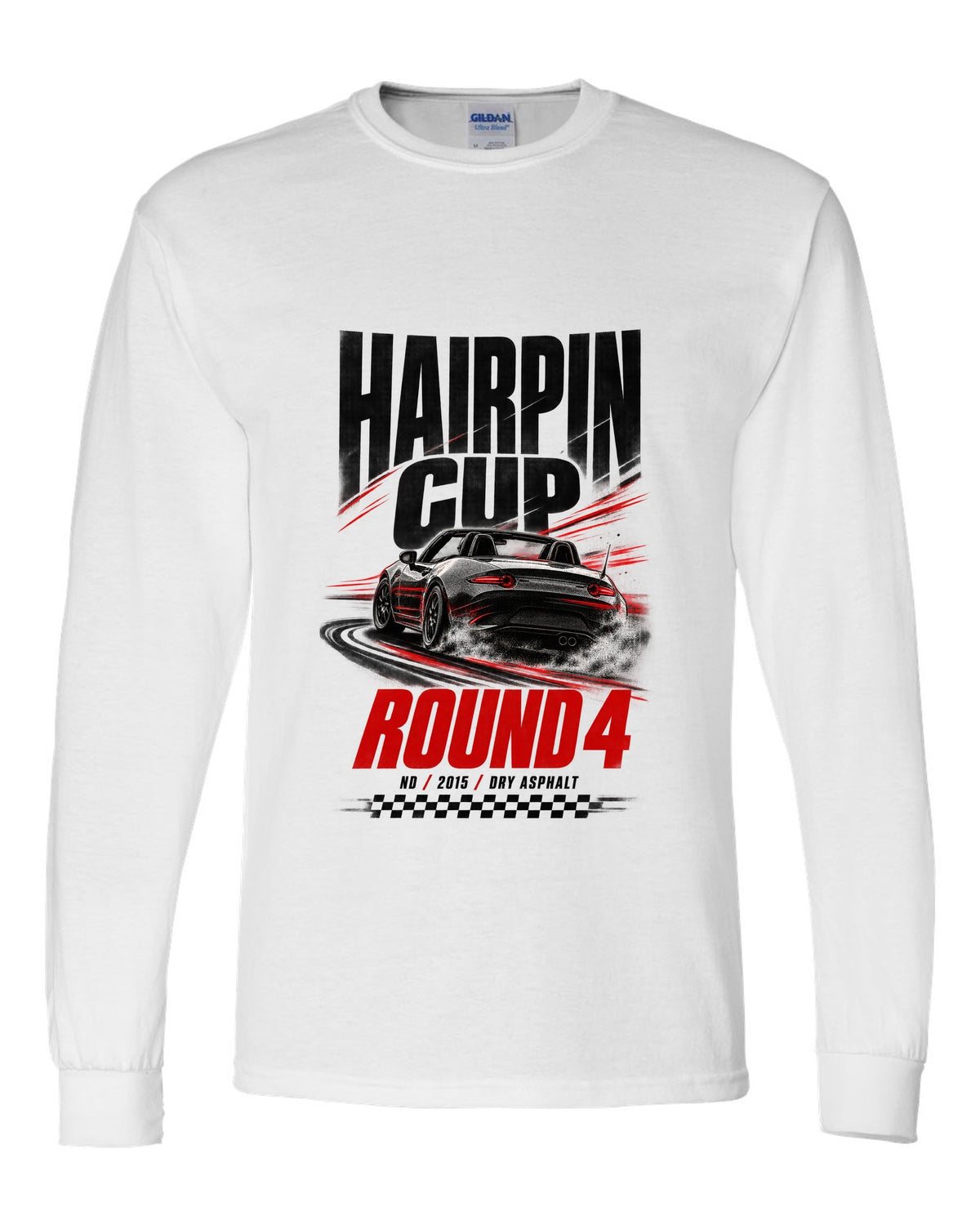 Race poster print of a Mazda MX-5 ND for the Hairpin Cup round 4 white long sleeve front view with the design