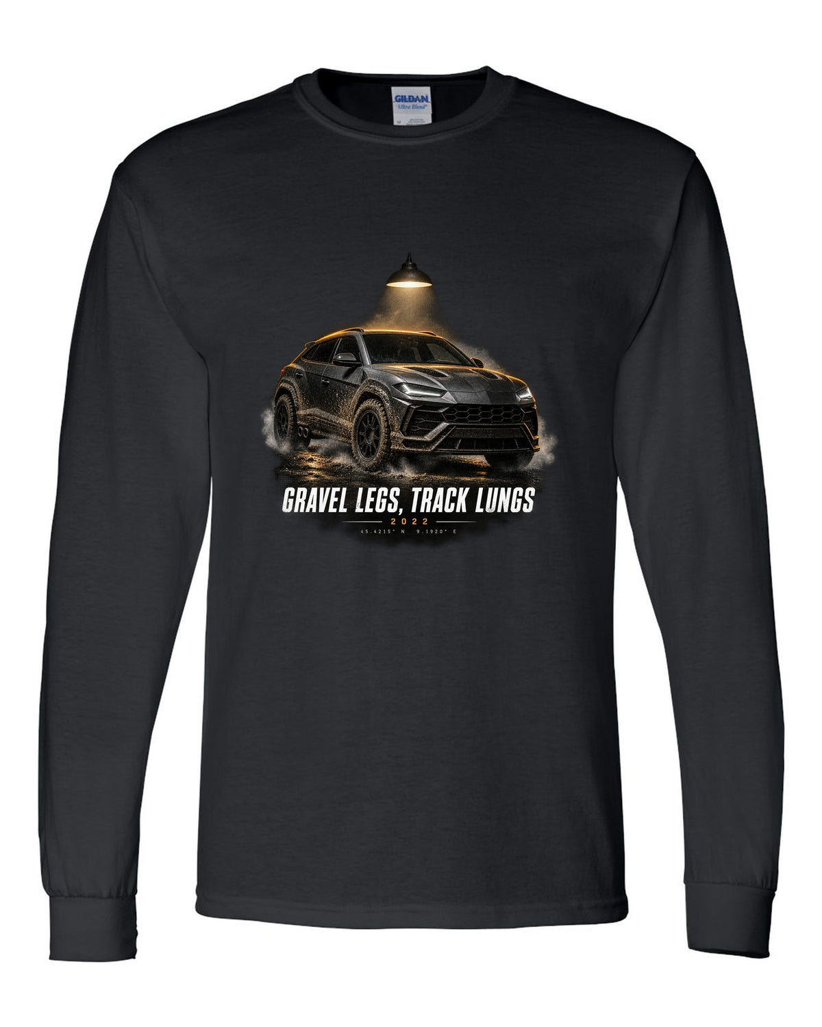 Lamborghini Urus Performante 2022 garage night print, gravel legs track lungs black long sleeve front view with the design