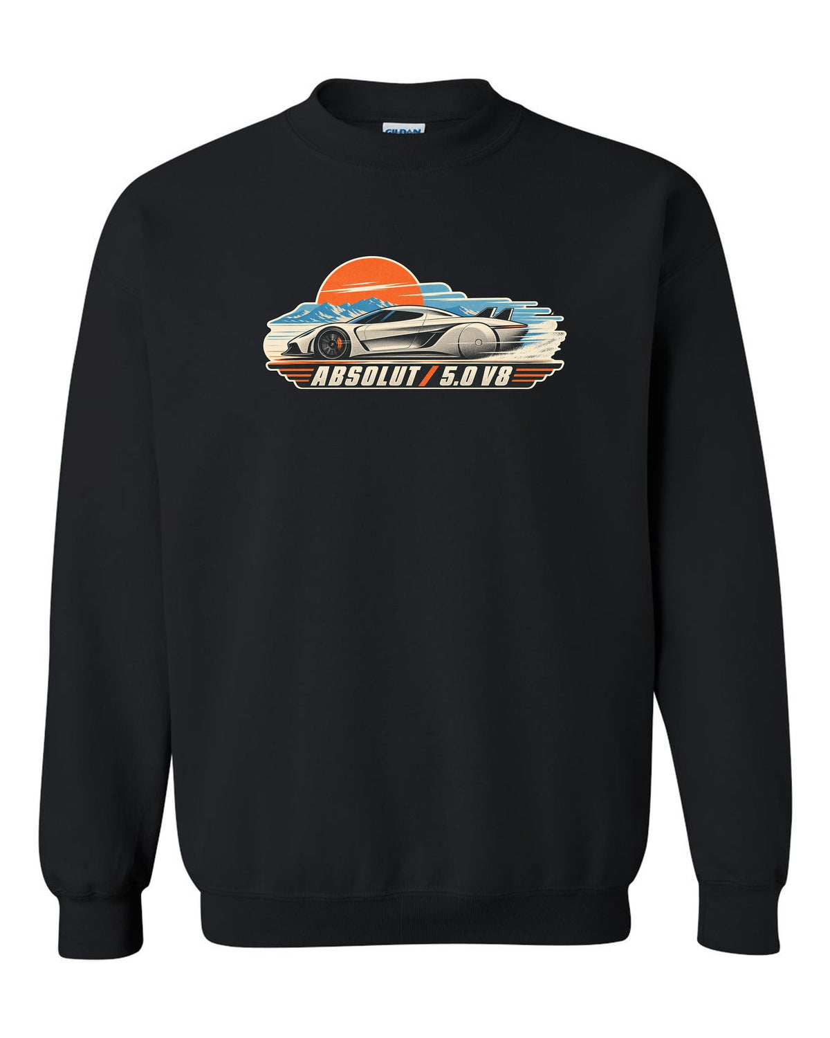 Vintage race poster illustration of the Koenigsegg Jesko Absolut with ABSOLUT 5.0 V8 lettering black crewneck front view with the design