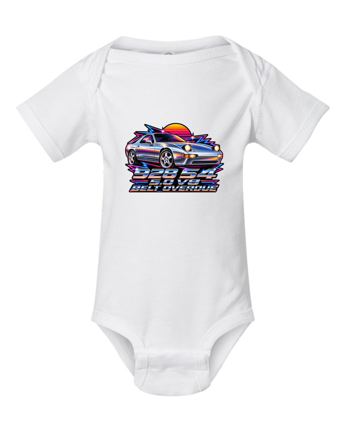 Porsche 928 S4 80s airbrush chrome design with pop-up headlights white baby onesie front view with the design