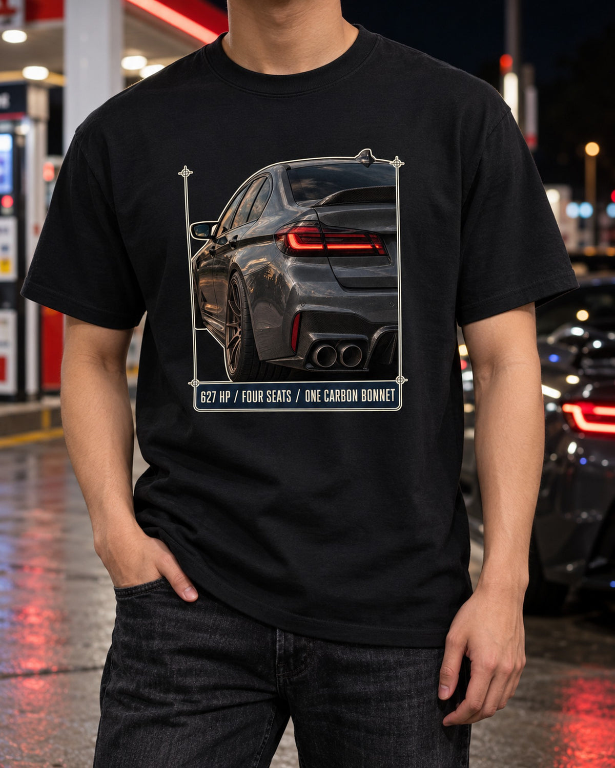 BMW M5 F90 CS Taillight Macro Shirt, Four Seats, Carbon Bonnet T-Shirt Black worn hero