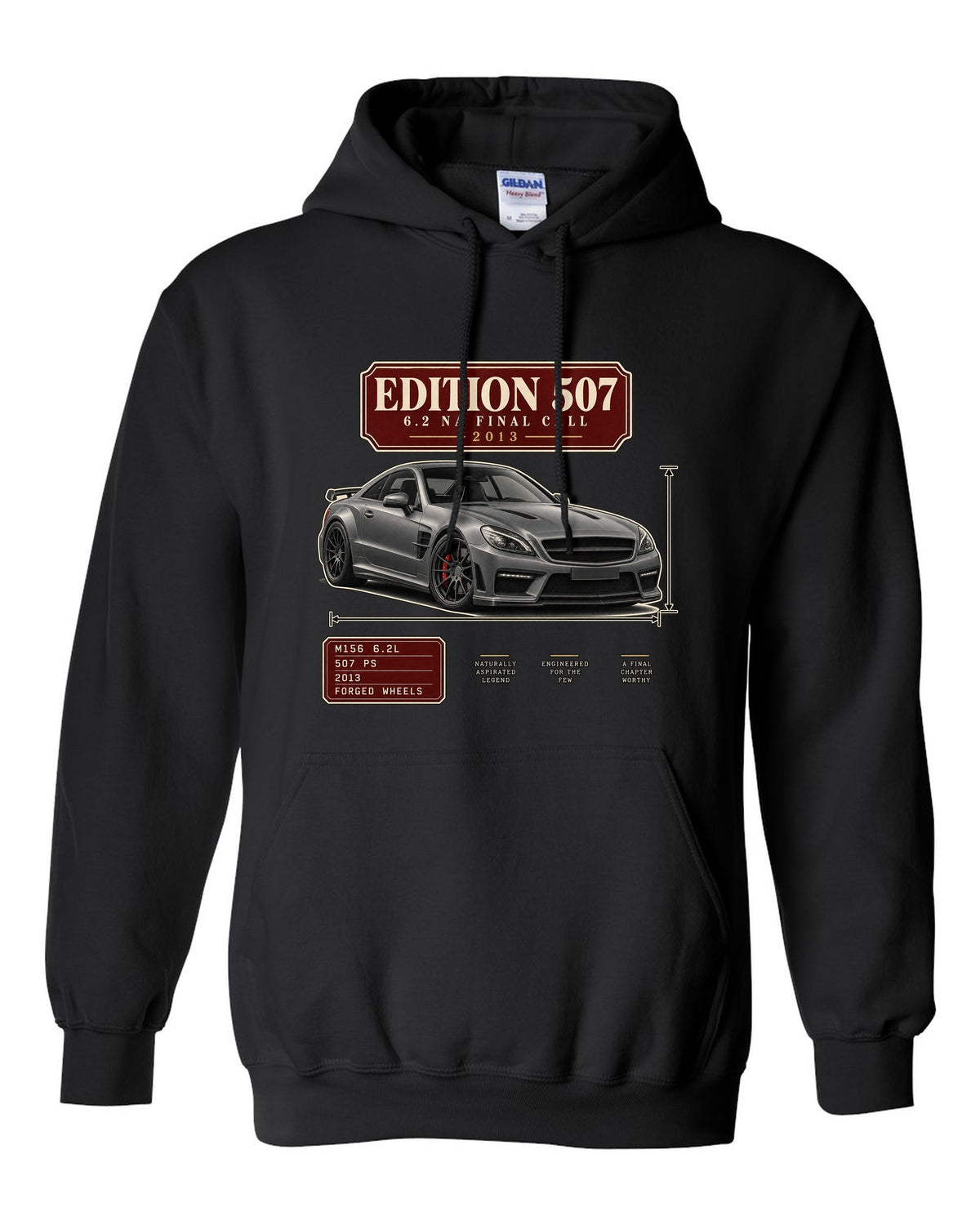 Archive panel print of a matte grey Mercedes-AMG C63 Edition 507 C204 black pull over hoodie front view with the design