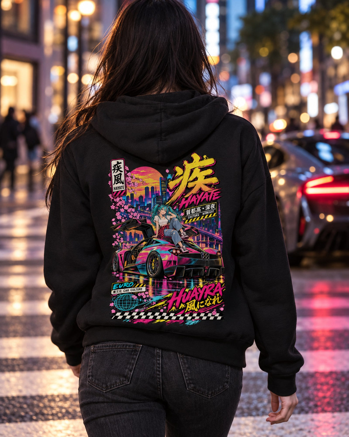 HAYATE HUAYRA Anime Girl Full-Back Graphic Tee Zip Hoodie Black worn hero