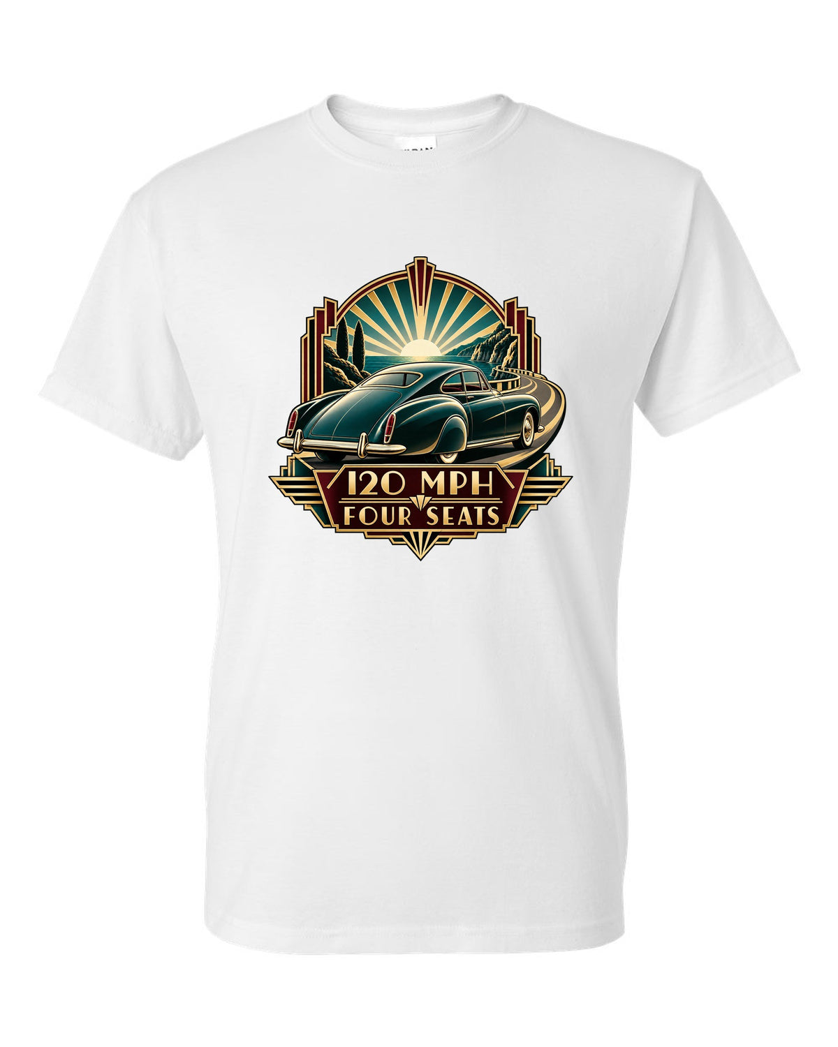 Synthwave outrun print of a 1982 Bentley Mulsanne Turbo with 120 mph and four seats lettering white t-shirt front view with the design