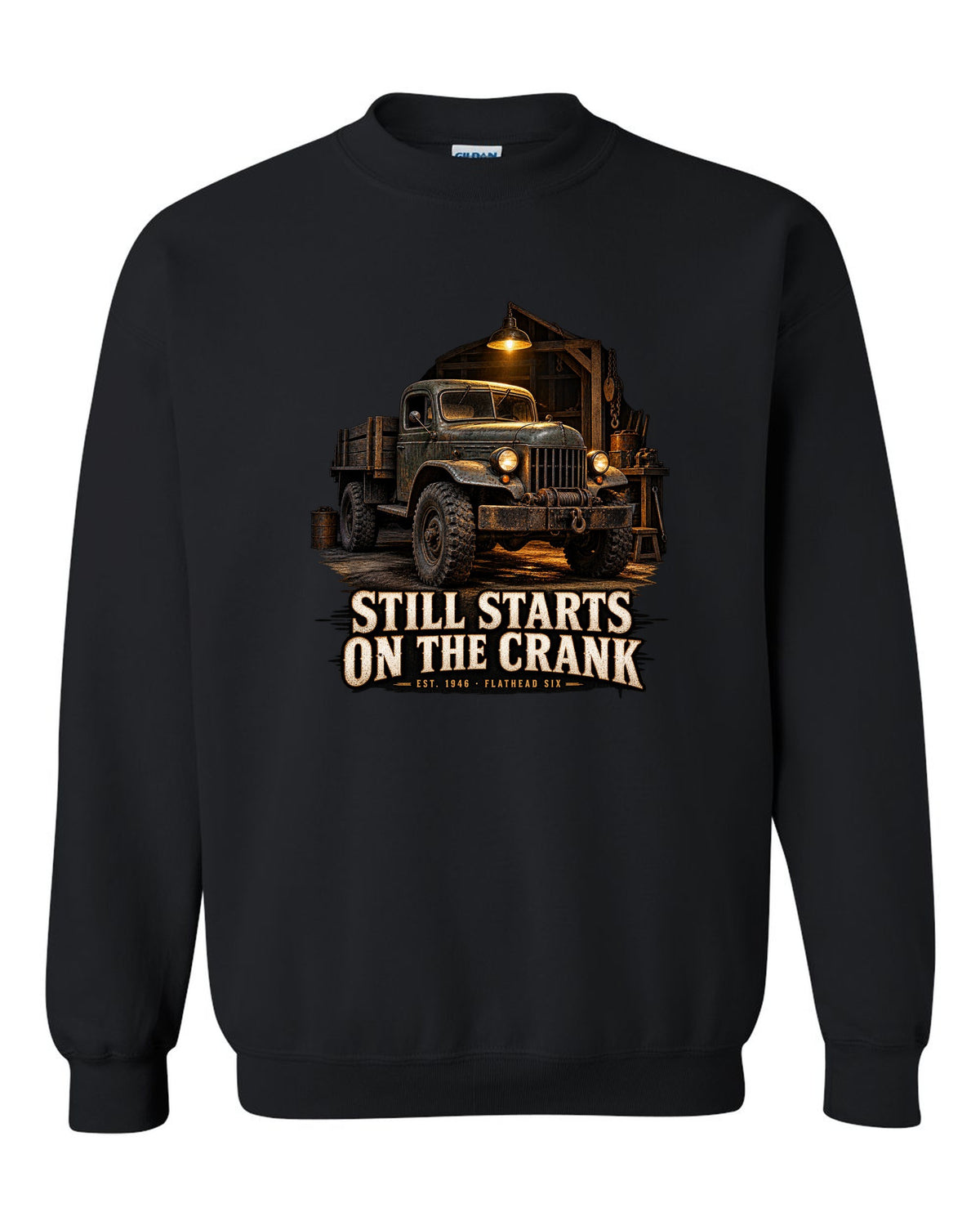 Garage night print of a 1946-1960s Dodge Power Wagon flat fender with starts on the crank text black crewneck front view with the design
